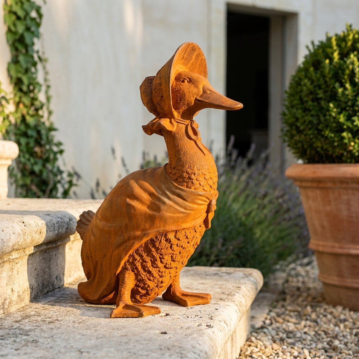 Madame Goosington duck statue front view showing the bonnet bow and breast feathers