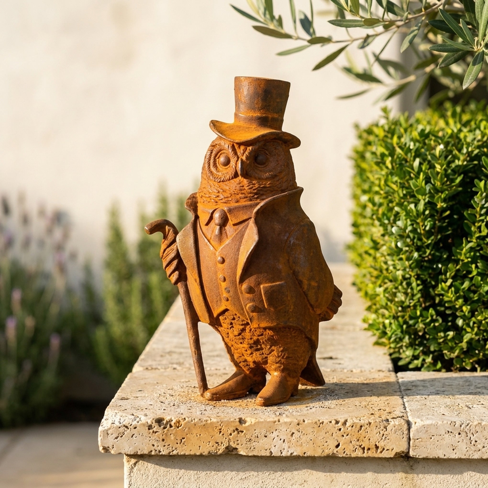 Professor Hoodwink rust cast iron owl in a top hat with a cane on a travertine garden ledge