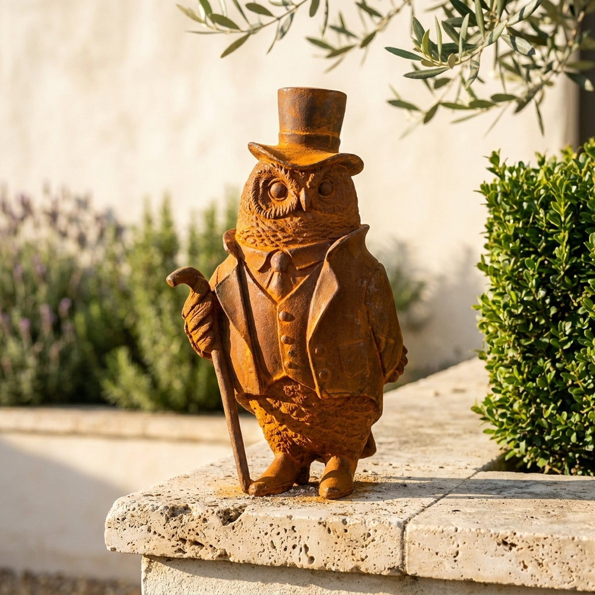 Professor Hoodwink owl statue front view showing the waistcoat, pocket and booted feet