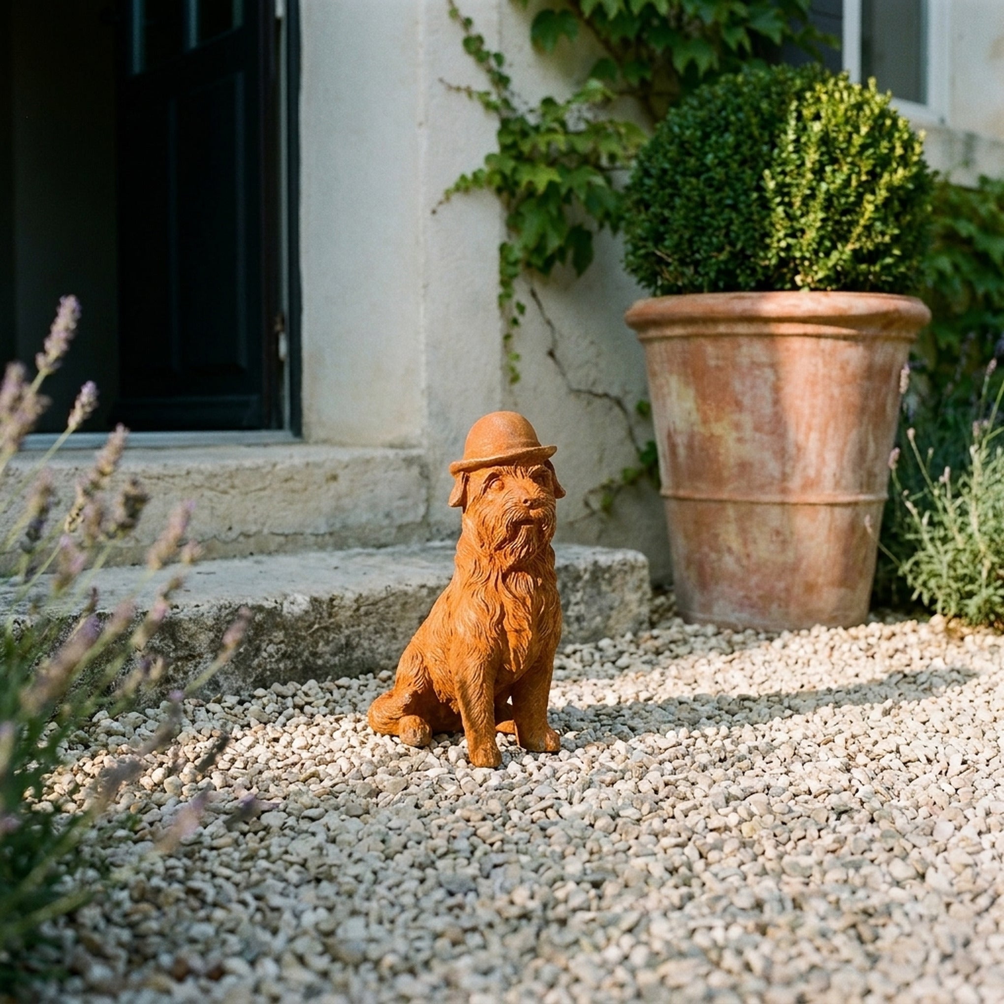 Mr Capone terrier statue in a bowler hat front view showing the full height and finish