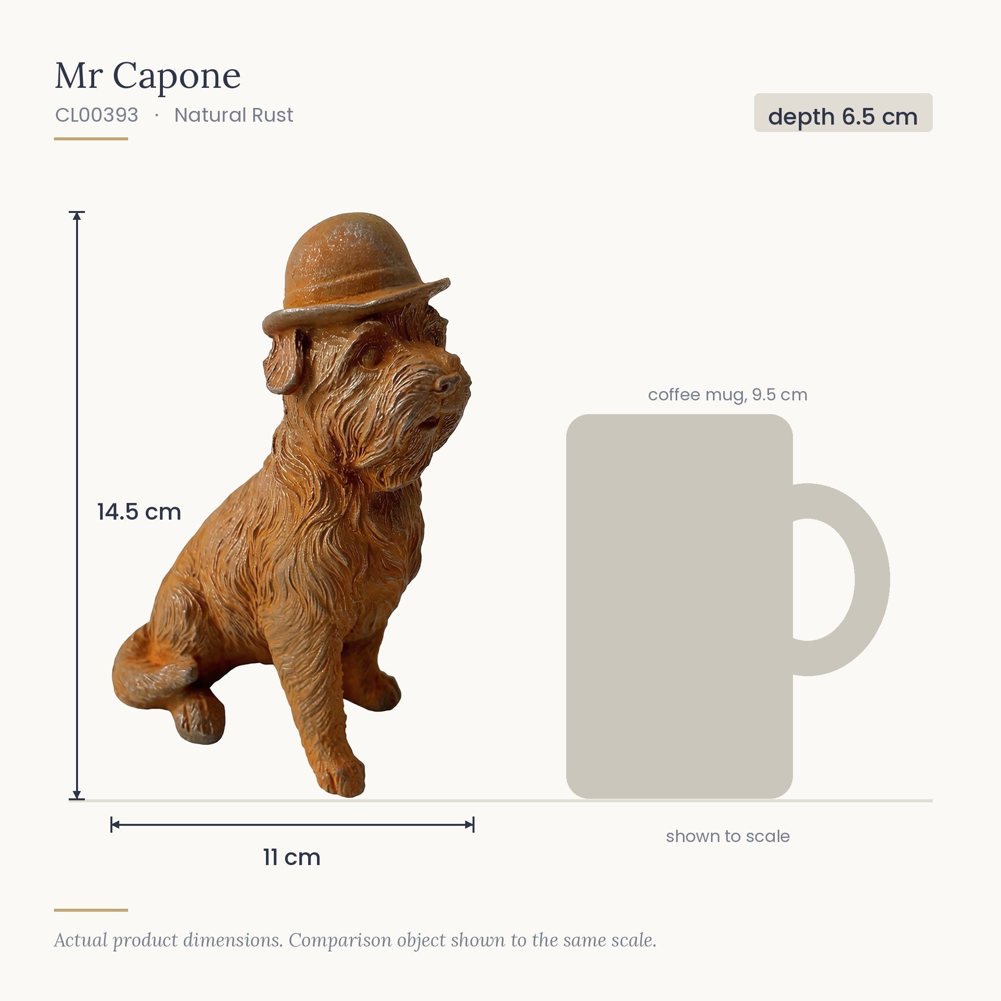 Size diagram for Mr Capone, 11 x 6.5 x 14.5 cm, shown to scale