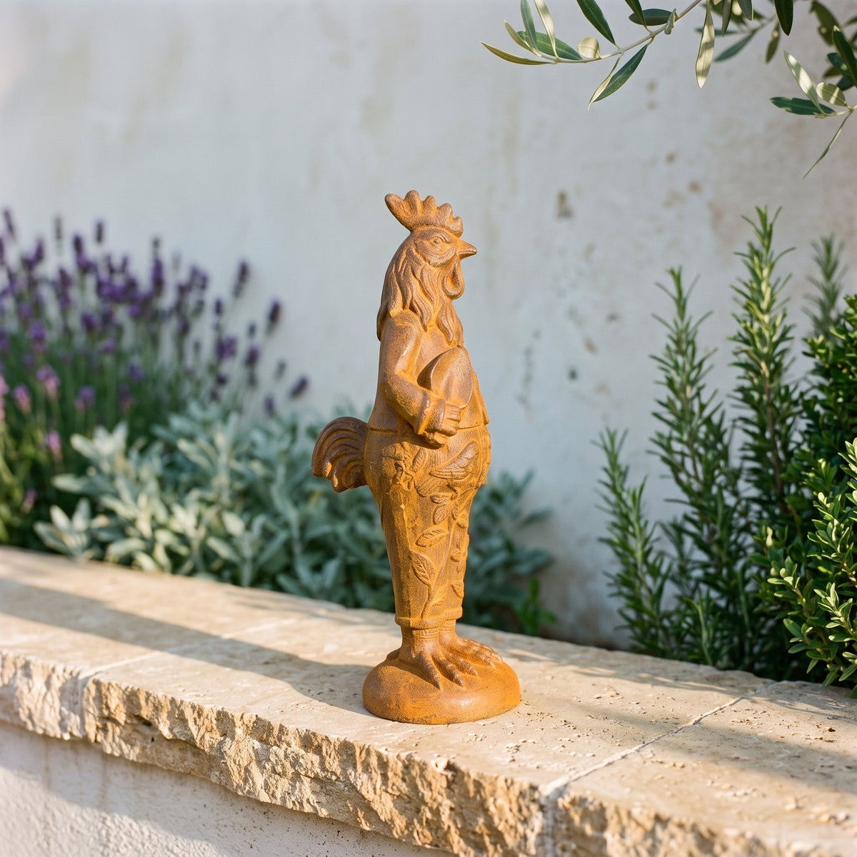 Mr Featherwick cast iron rooster statue, side profile showing the full 22cm height from comb to base