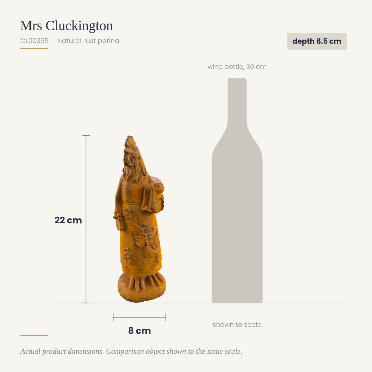 Size guide for Mrs Cluckington cast iron hen statue, 22cm tall and 8cm wide, shown to scale beside a 30cm wine bottle