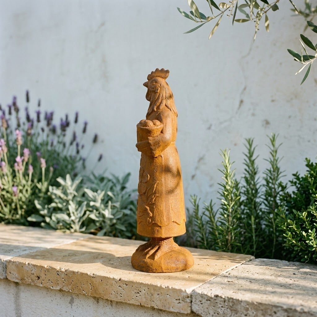 Mrs Cluckington cast iron hen statue, front view showing the full 22cm height from comb to base