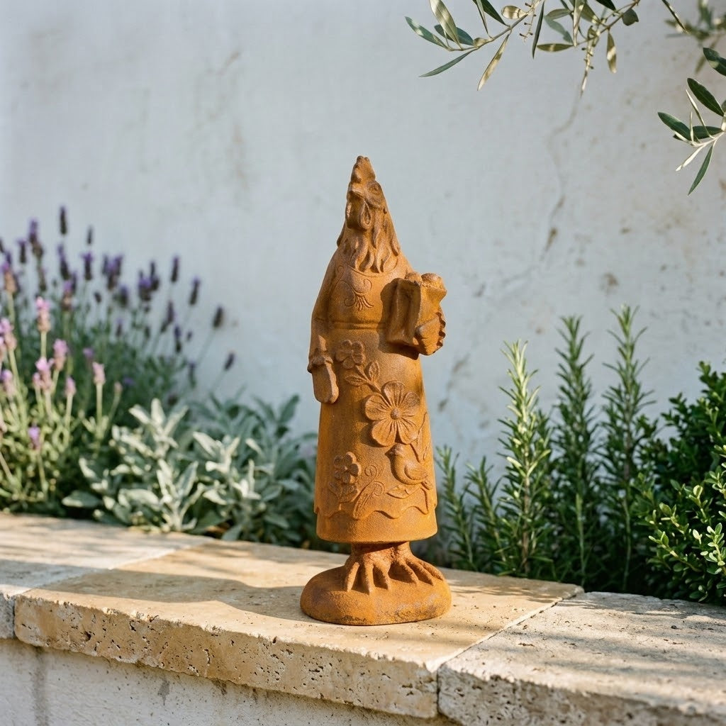 Mrs Cluckington cast iron hen statue, angled view showing the floral skirt and the pouch of eggs carried at her side