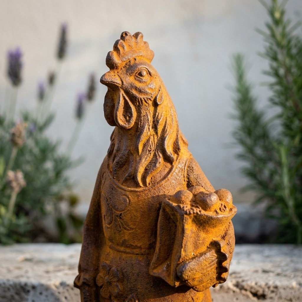 Mrs Cluckington cast iron hen statue, close view of the comb, feathered ruff and the pouch of eggs in natural rust patina