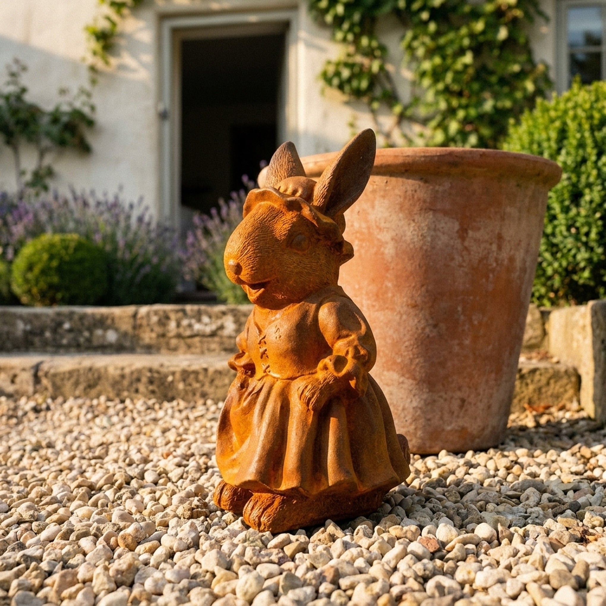Lady Clementine rust cast iron rabbit statue in a bonnet and long dress, on gravel beside a terracotta pot