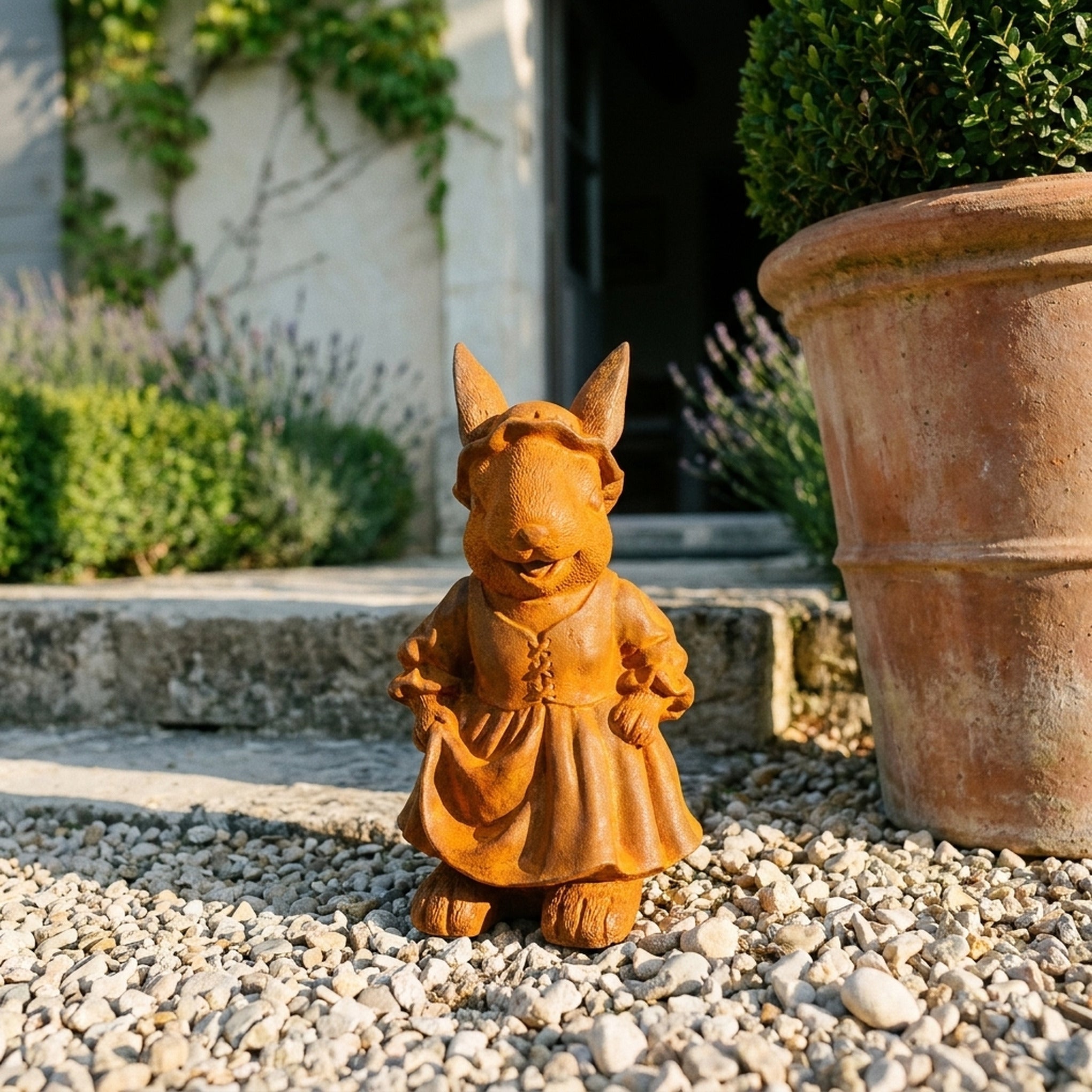 Lady Clementine rabbit statue in a bonnet front view showing the full height and finish