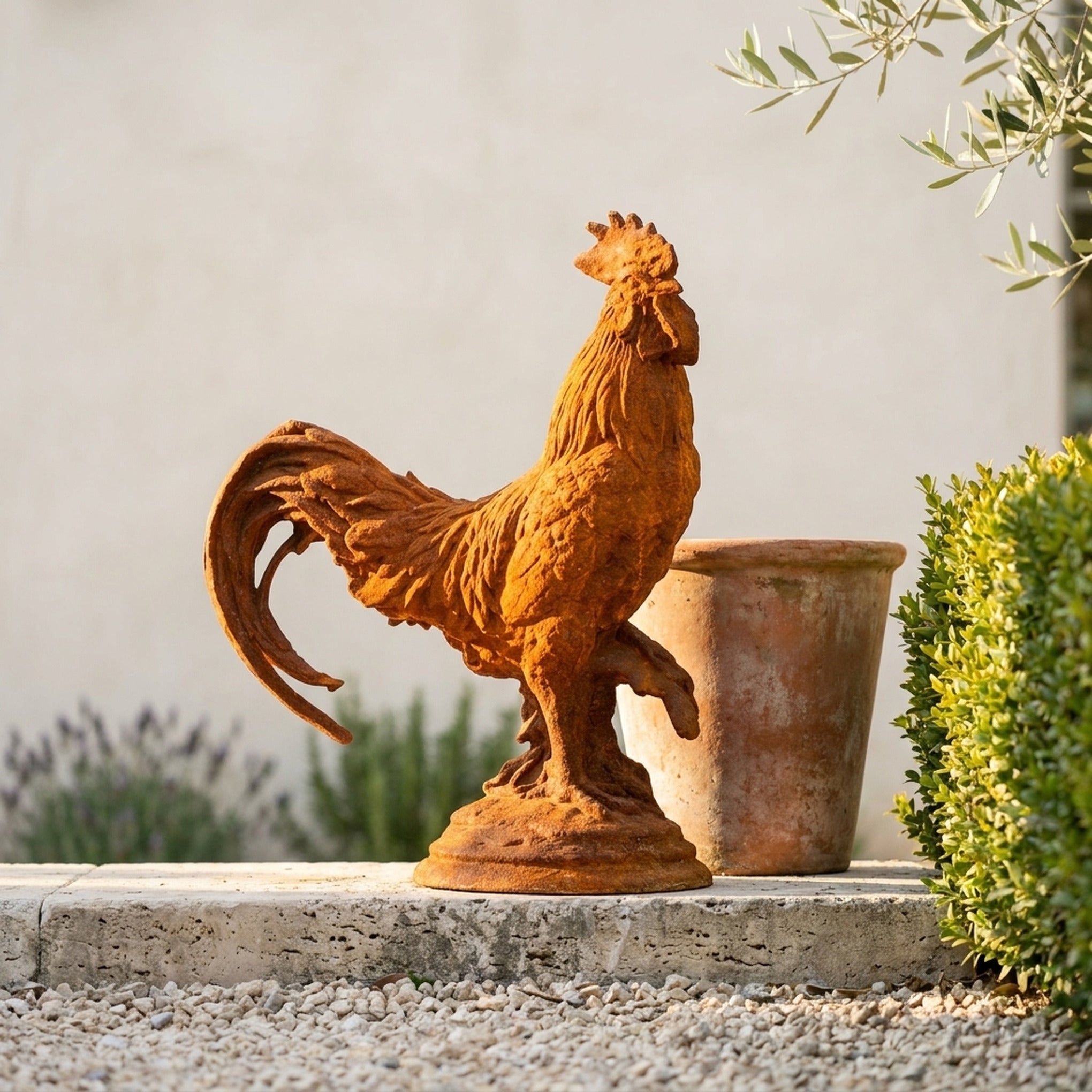 Chancellor Percival rust cast iron rooster statue on a round pedestal, standing on gravel beside a terracotta pot