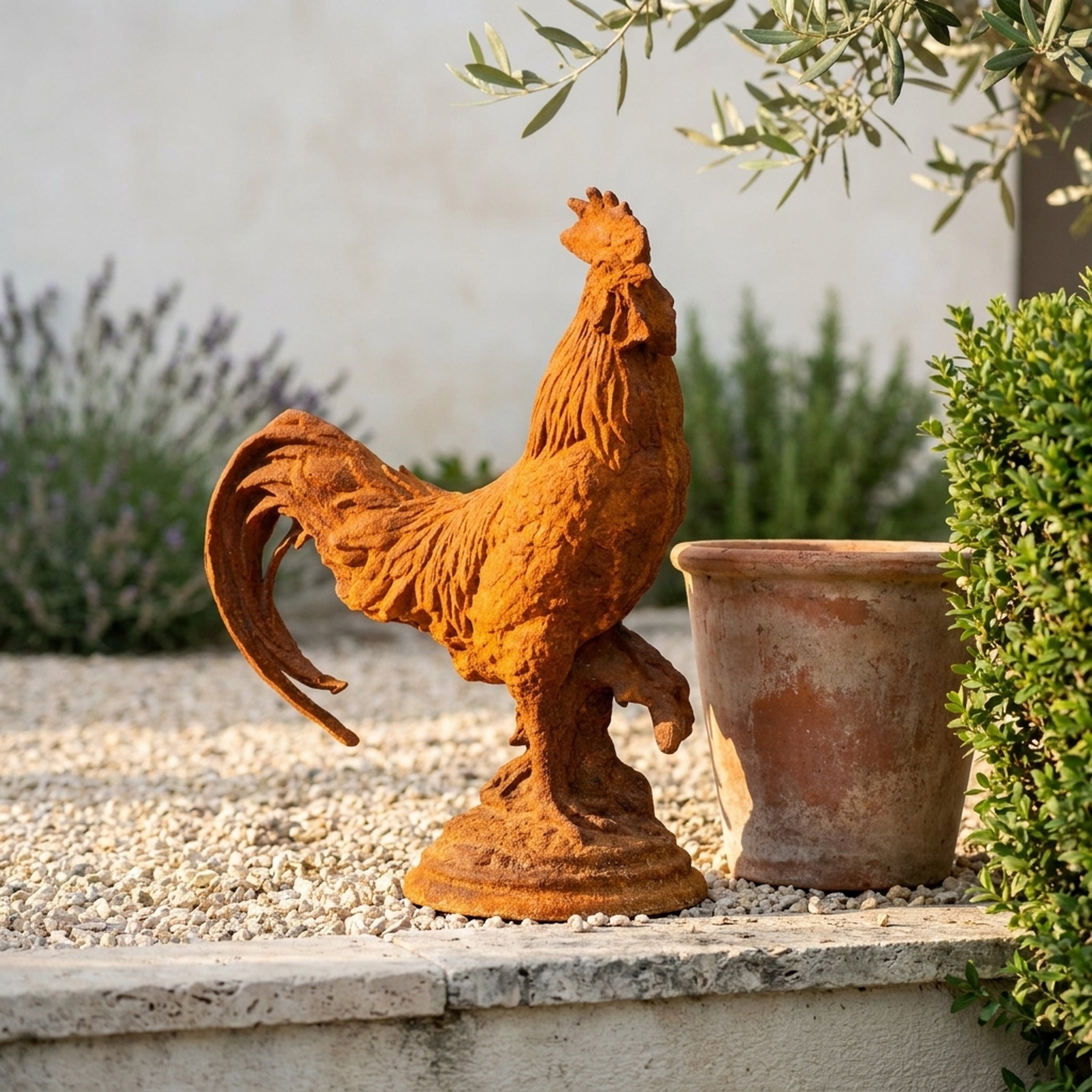 Chancellor Percival rooster statue front view showing the full height and finish