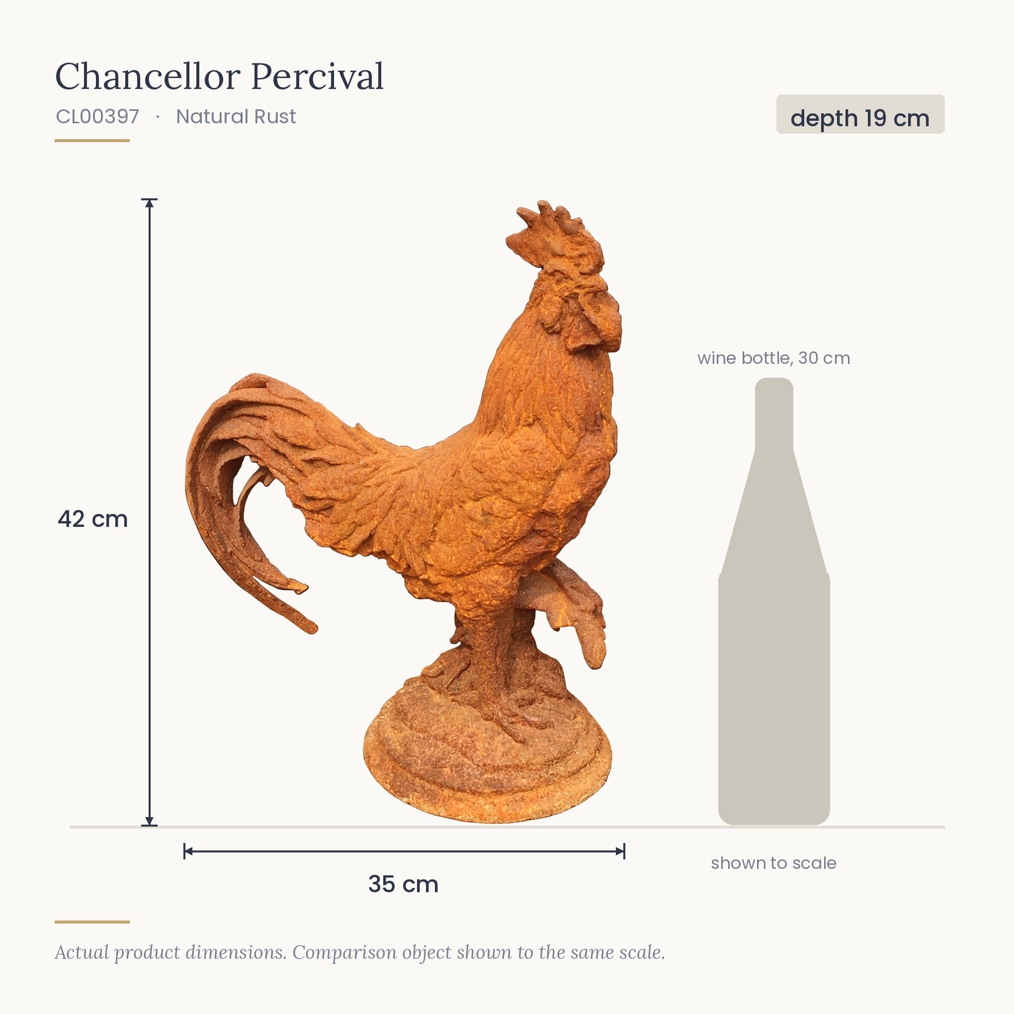 Size diagram for Chancellor Percival, 35 x 19 x 42 cm, shown to scale beside a 30 cm wine bottle