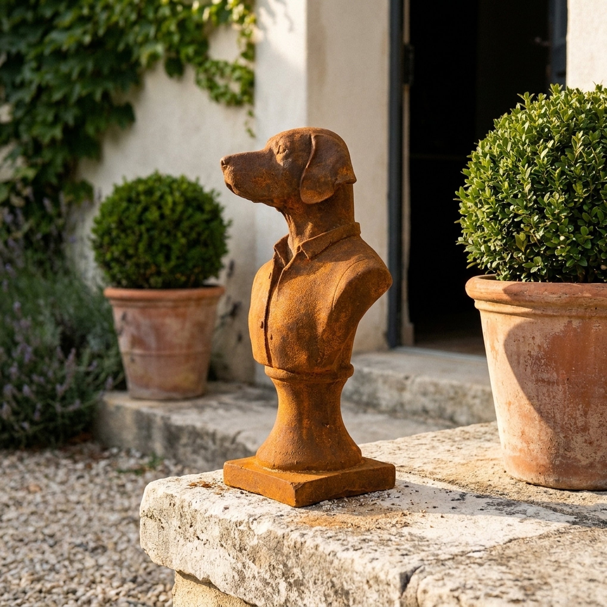Colonel Barkley rust cast iron dog bust in a buttoned shirt on a pedestal, on a stone step beside a terracotta pot