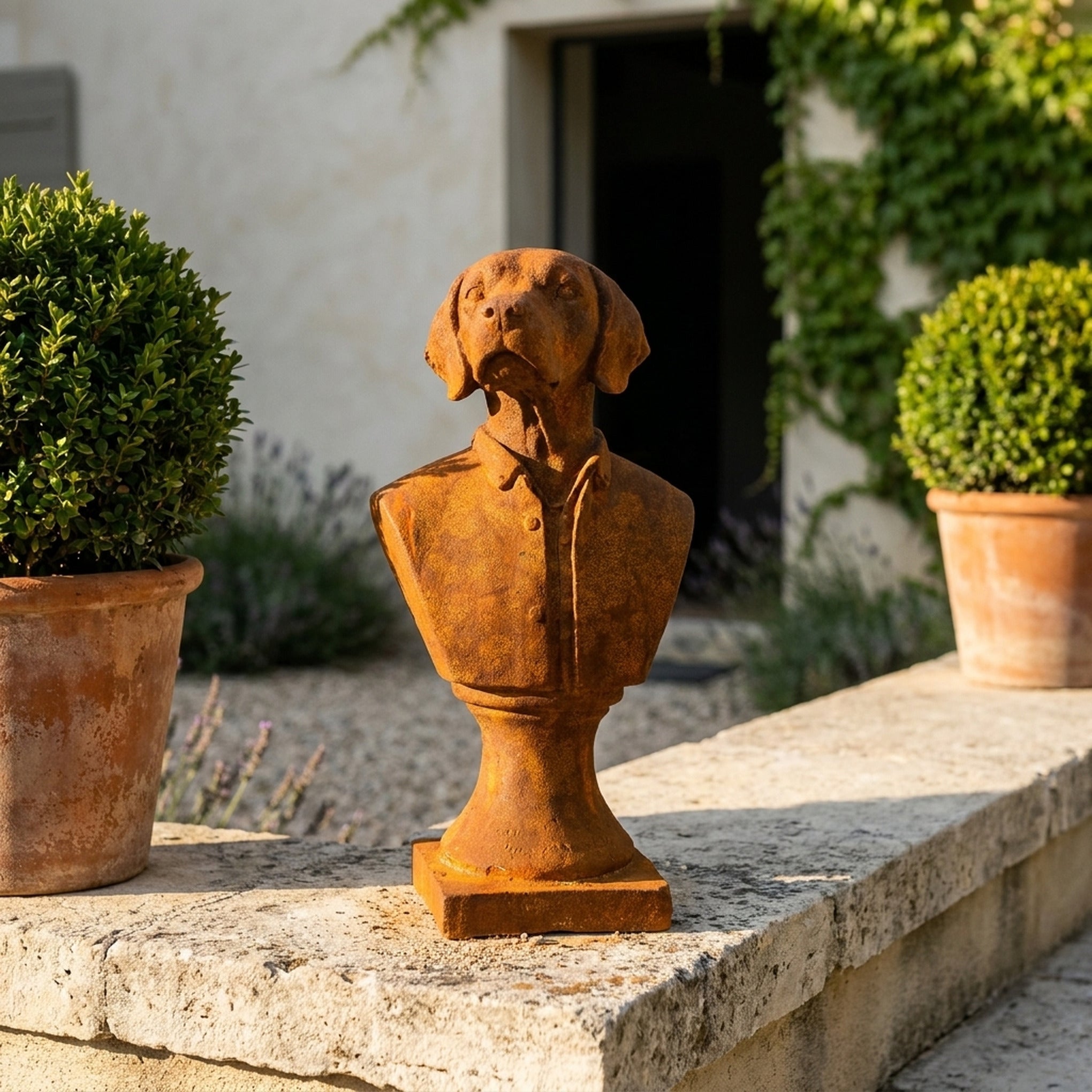 Colonel Barkley dog bust statue front view showing the full height and finish