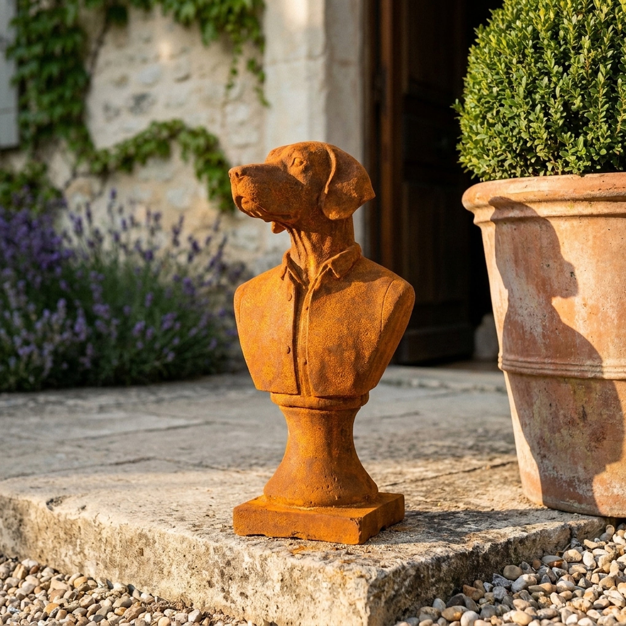 Colonel Barkley dog bust statue three quarter view in a provencal courtyard