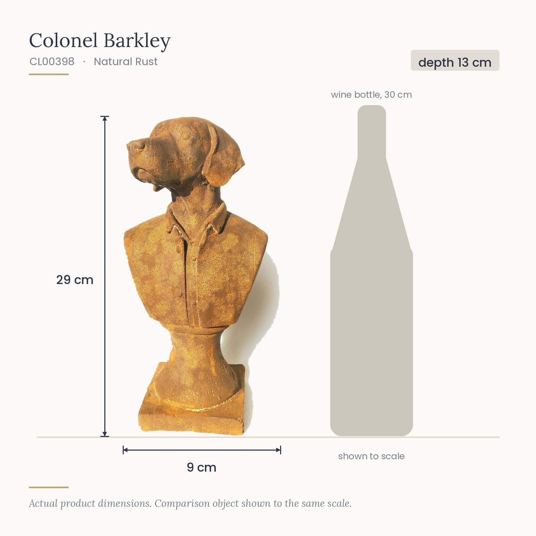 Size diagram for Colonel Barkley, 9 x 13 x 29 cm, shown to scale beside a 30 cm wine bottle
