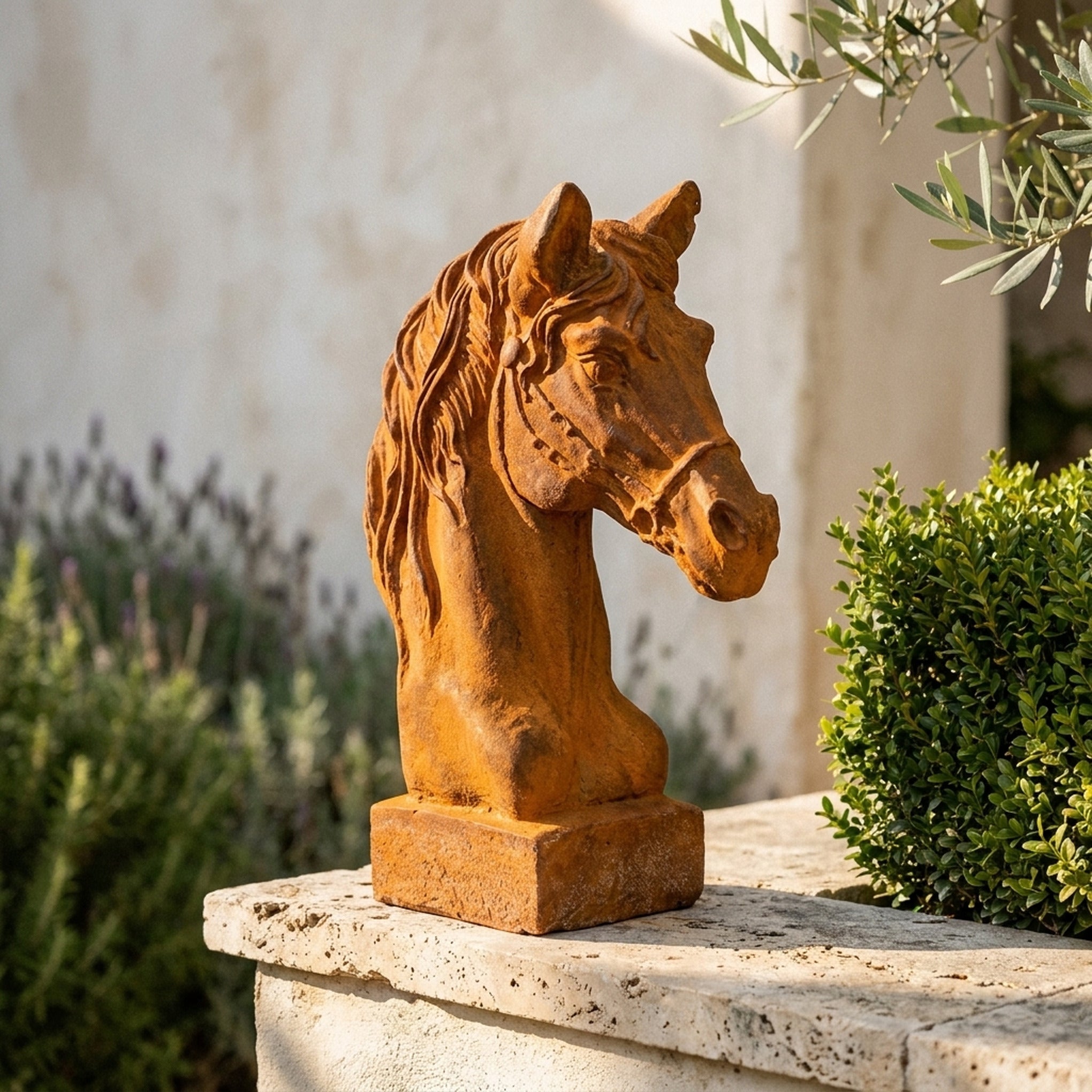 Duke Beaumont rust cast iron horse head bust on a travertine garden wall with lavender and box hedging