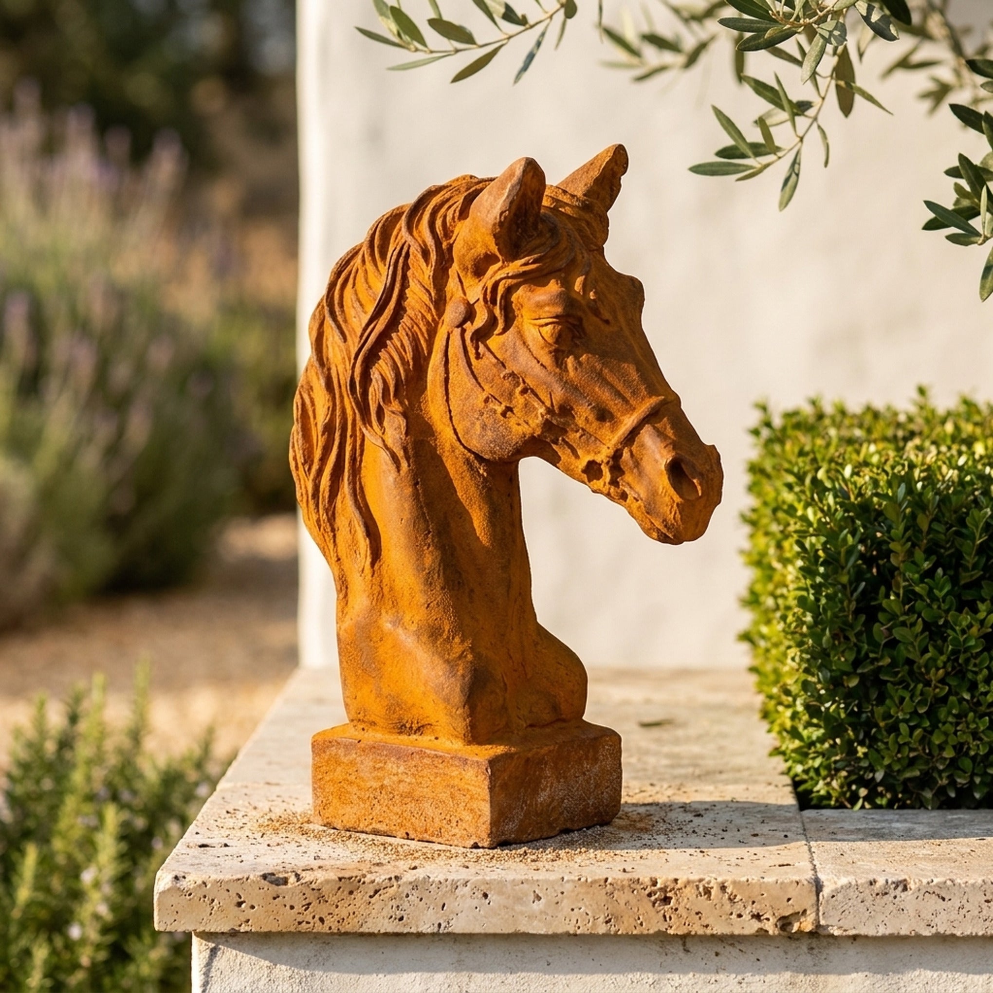 Duke Beaumont horse head bust front view against a limewashed wall