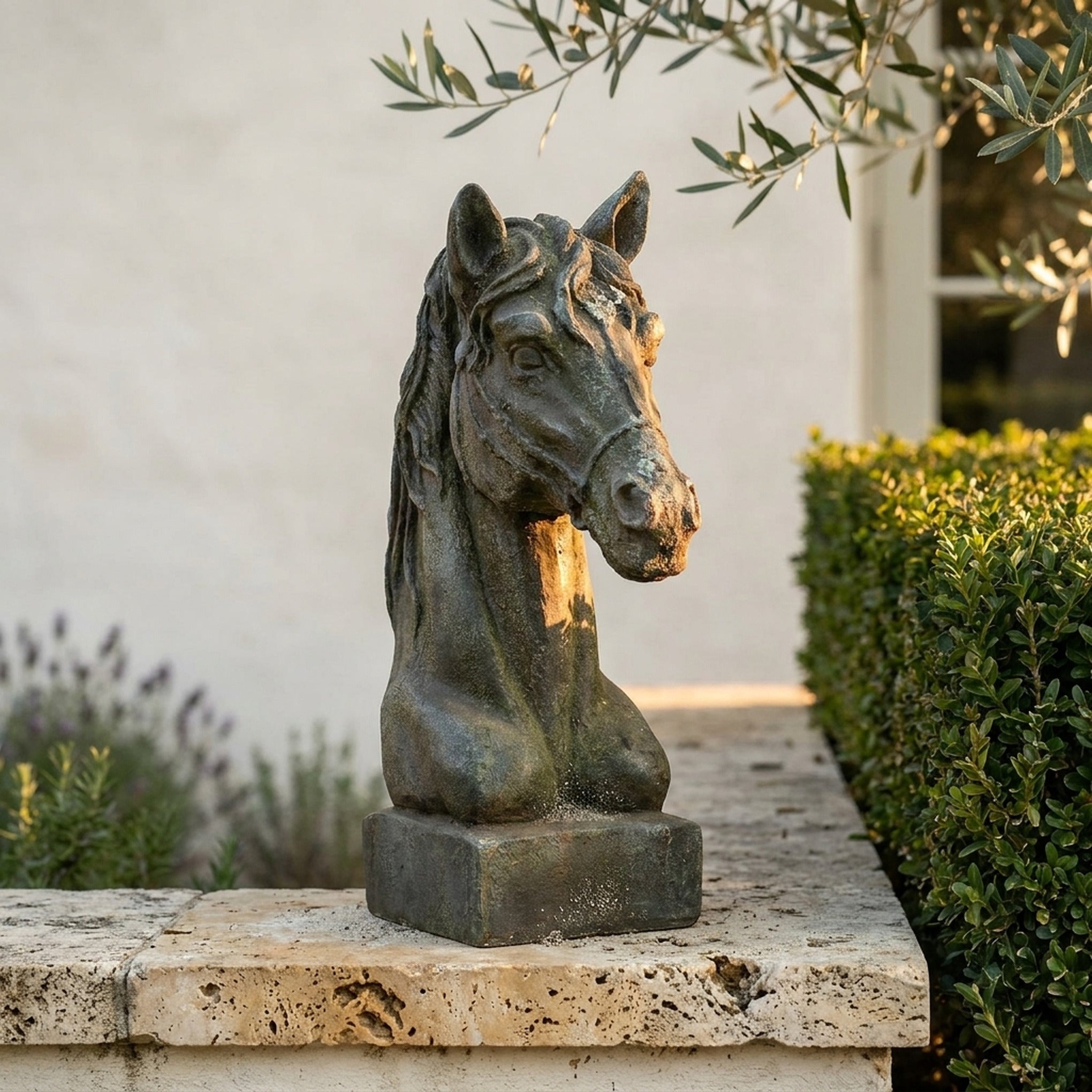 Duke Beaumont Antique horse head bust front view against a limewashed wall