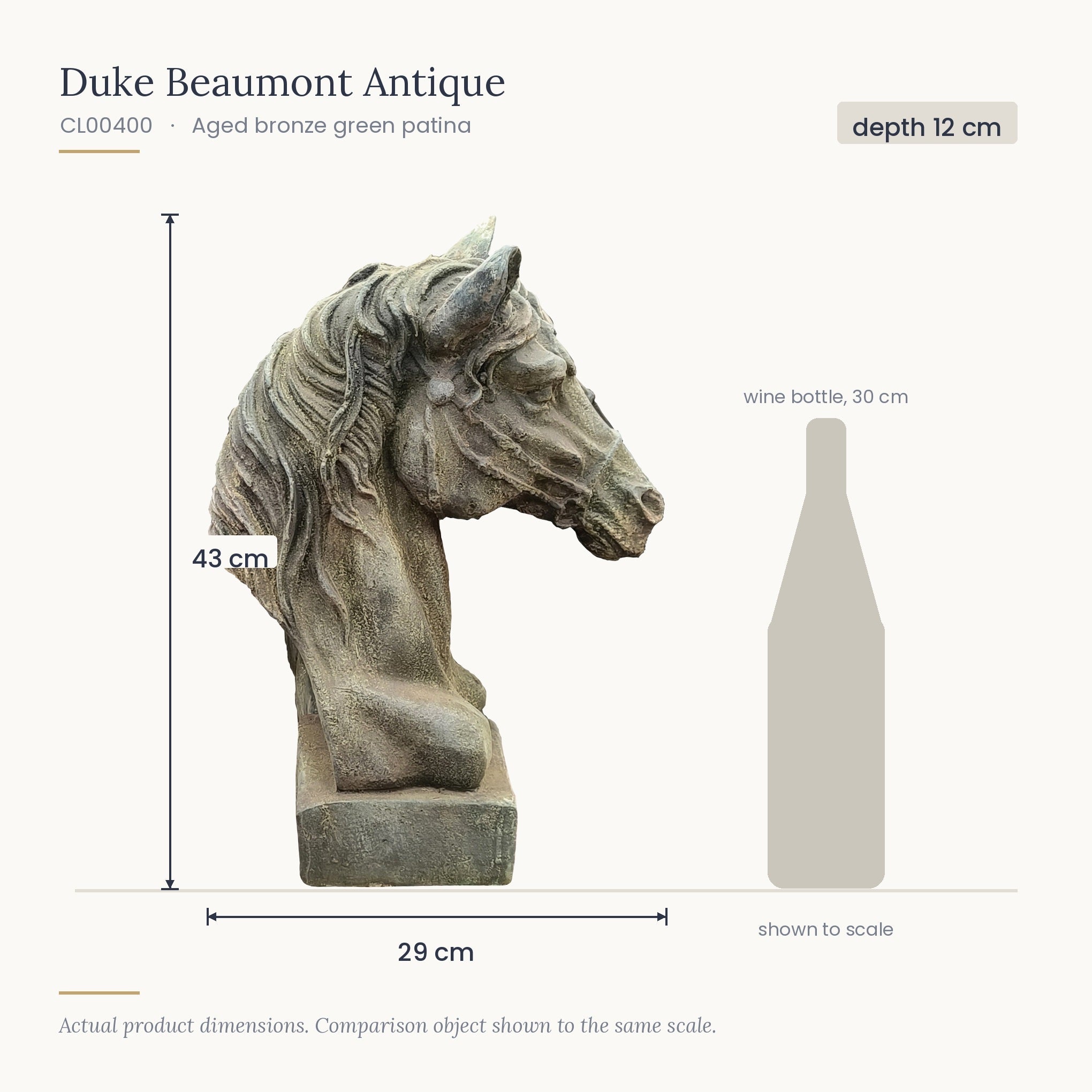 Size diagram for Duke Beaumont Antique, 29 x 12 x 43 cm, shown to scale beside a 30 cm wine bottle