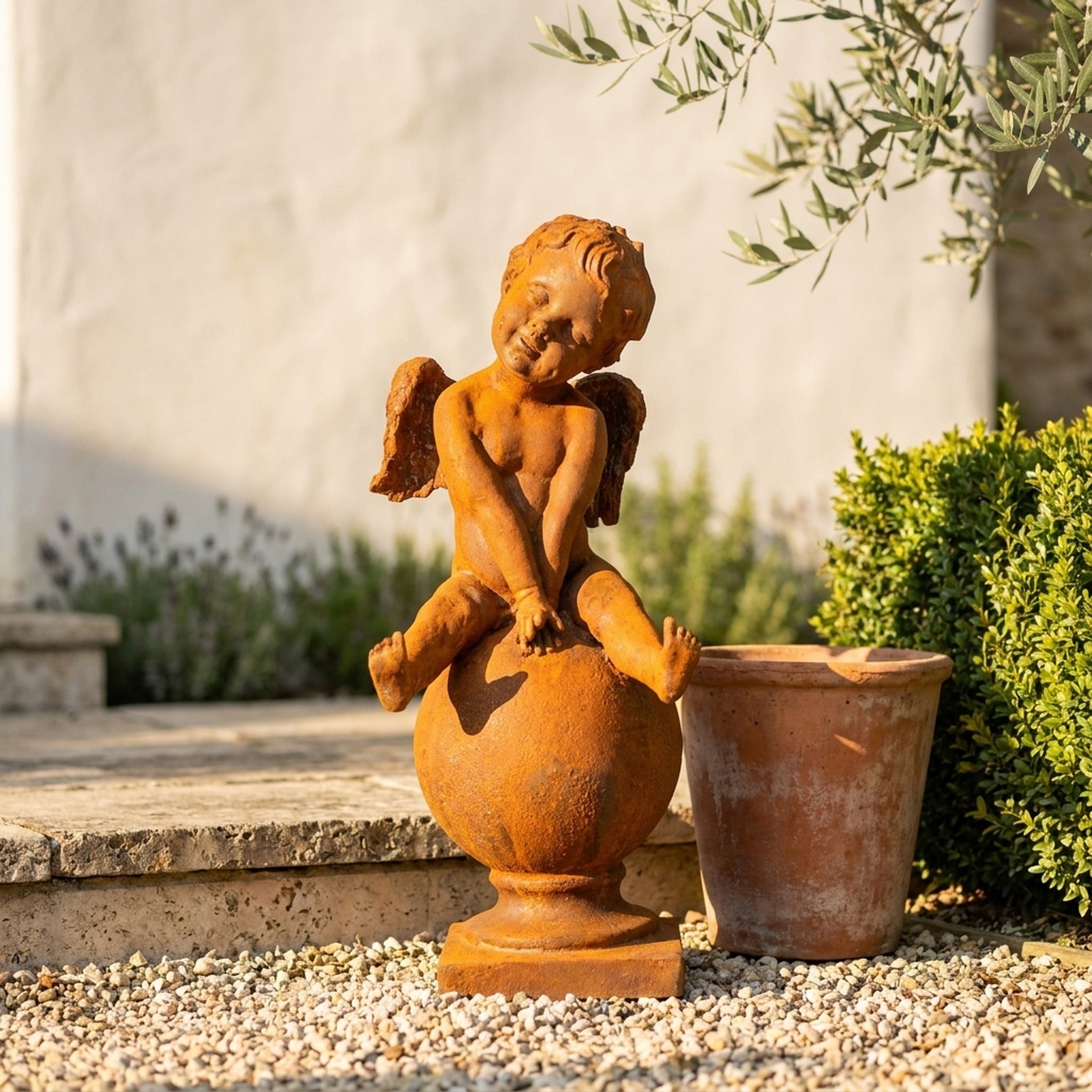 Hugo Wingsley cherub statue front view showing the full height and finish