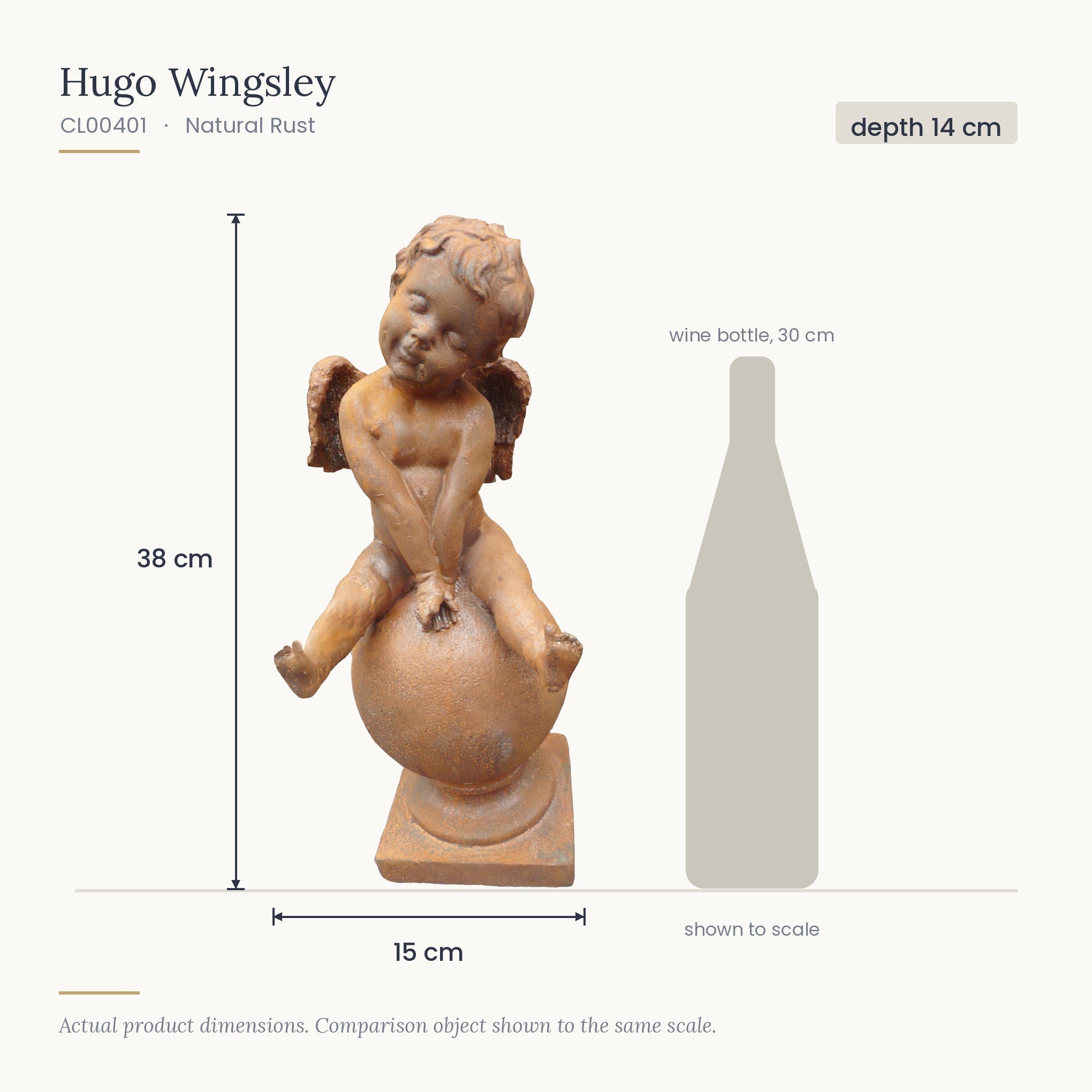 Size diagram for Hugo Wingsley, 15 x 14 x 38 cm, shown to scale beside a 30 cm wine bottle