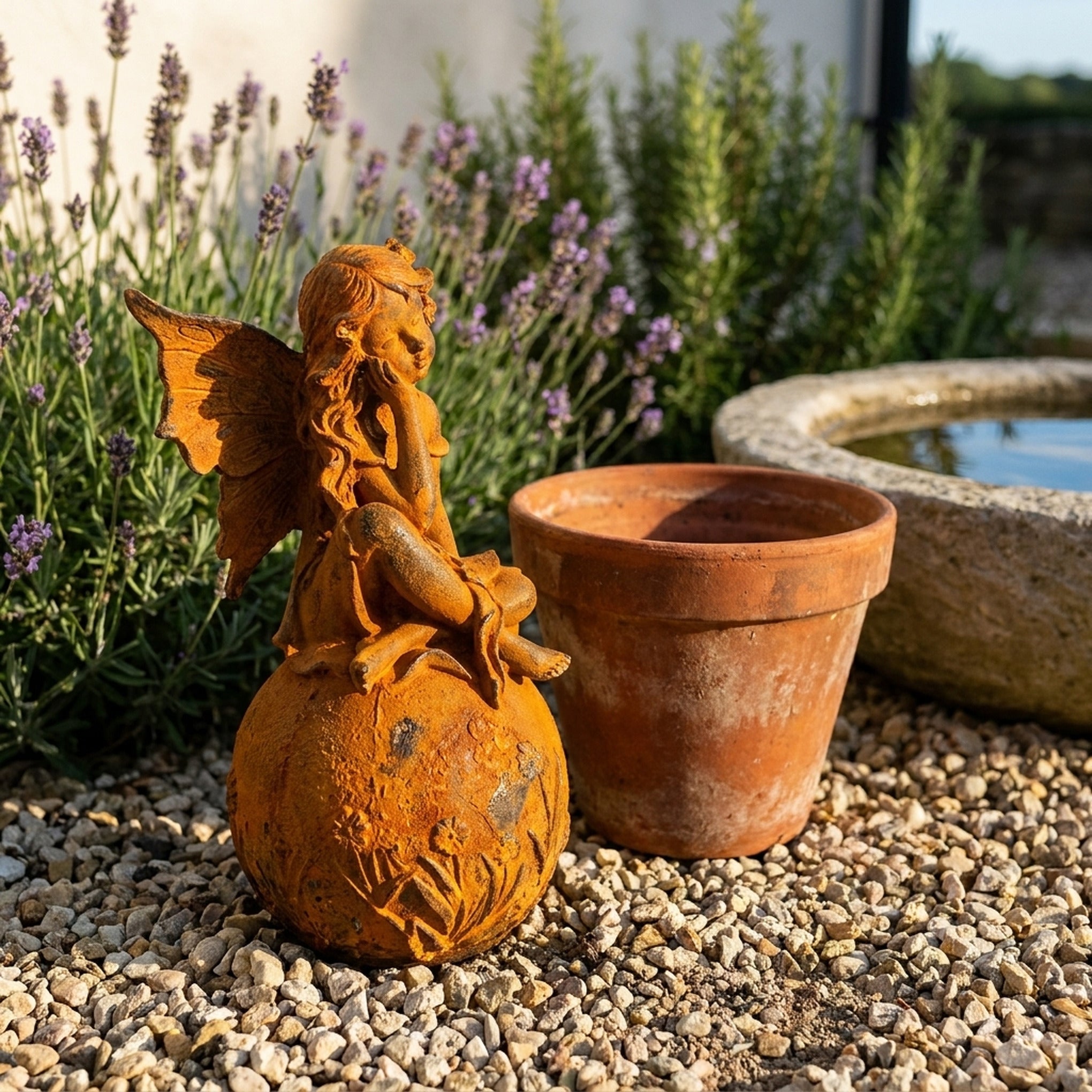 Lady Peaseblossom rust cast iron fairy statue seated on a flowered sphere, on gravel beside a terracotta pot