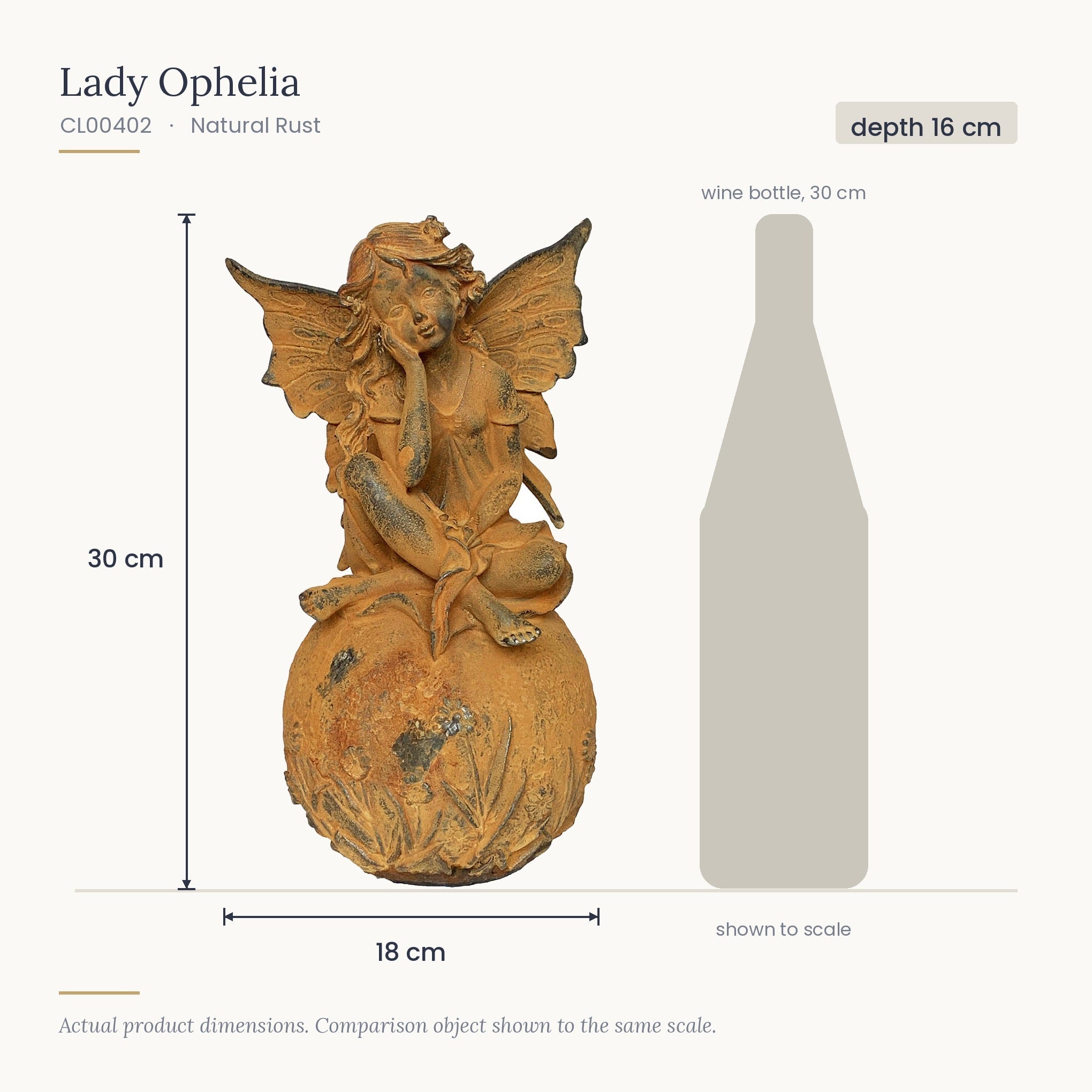 Size diagram for Lady Ophelia, 18 x 16 x 30 cm, shown to scale beside a 30 cm wine bottle