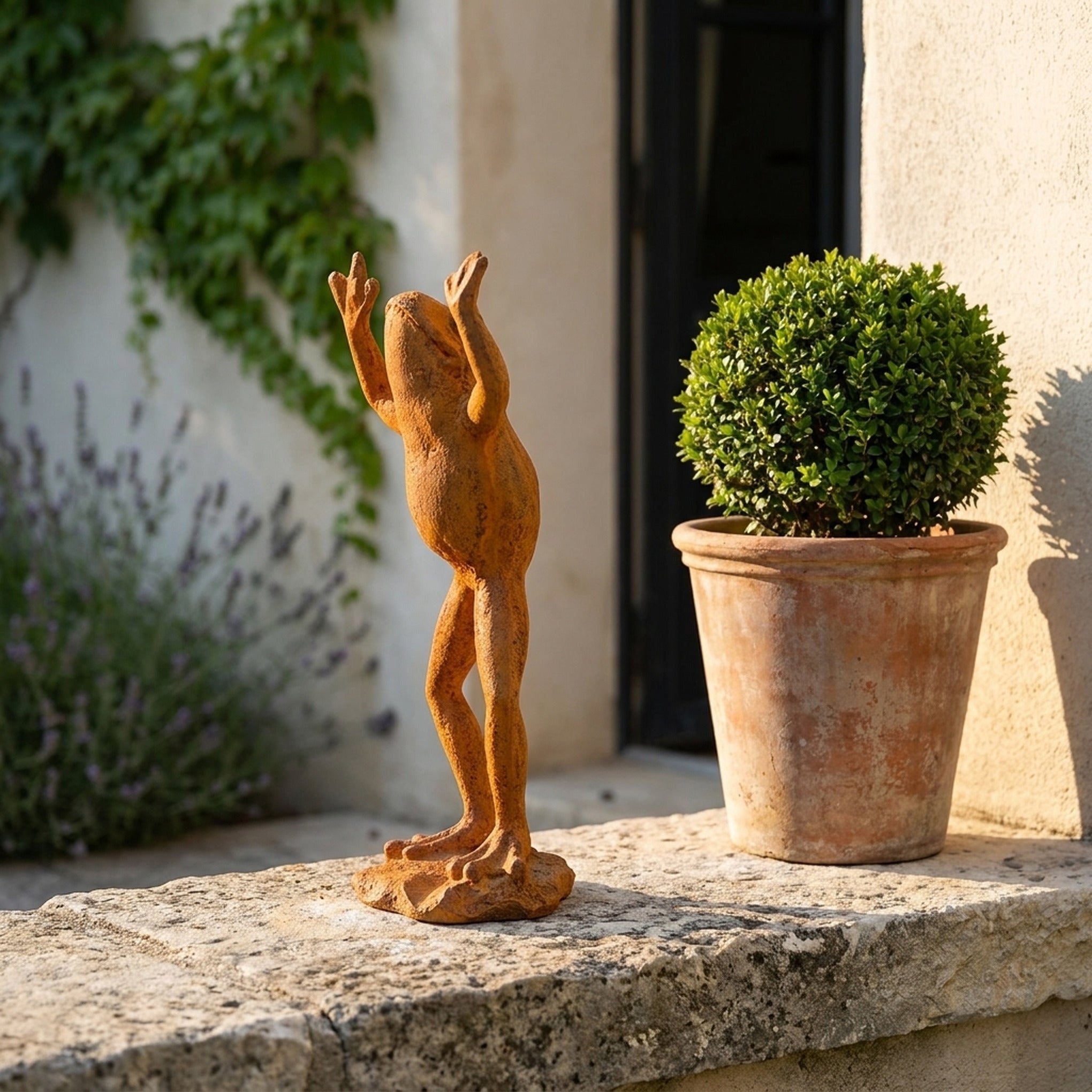 The Frog Prince rust cast iron frog statue leaning forward with both arms raised, on gravel beside a terracotta pot