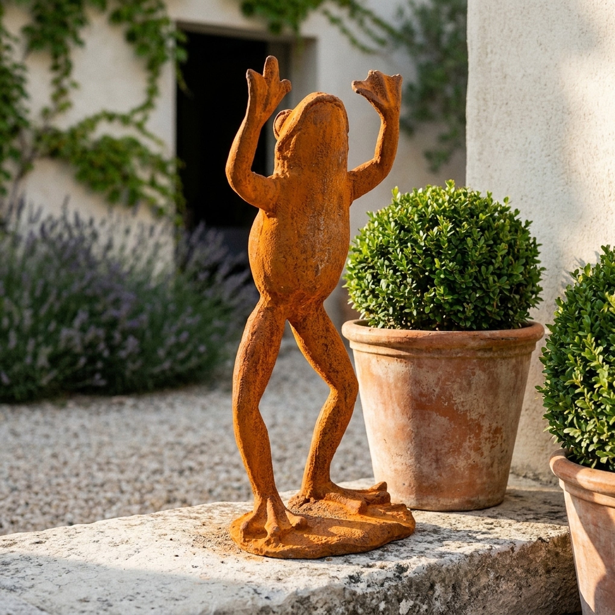 The Frog Prince rust cast iron frog statue front view showing the full height and finish
