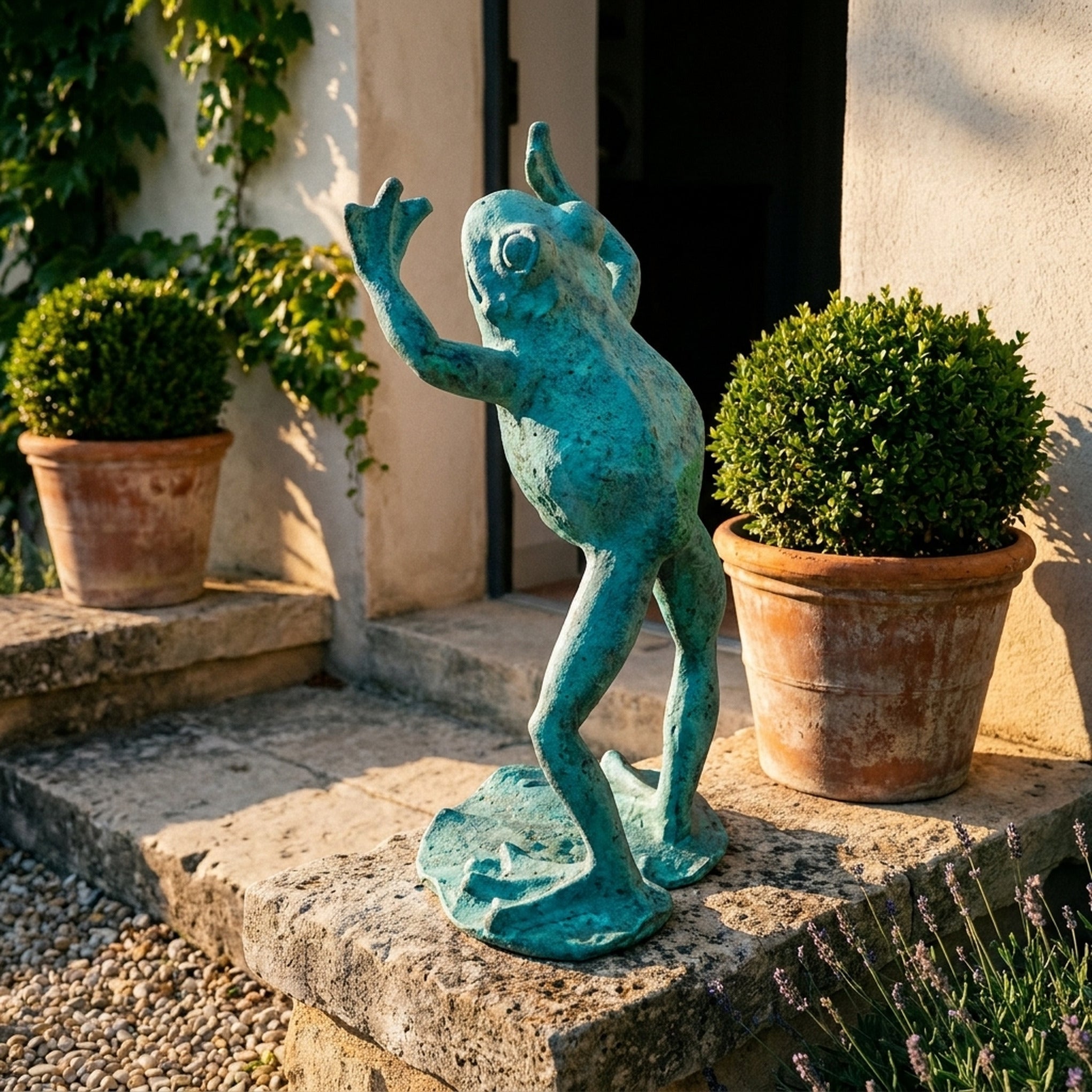 The Frog Prince Verdigris frog statue front view showing the full height and finish