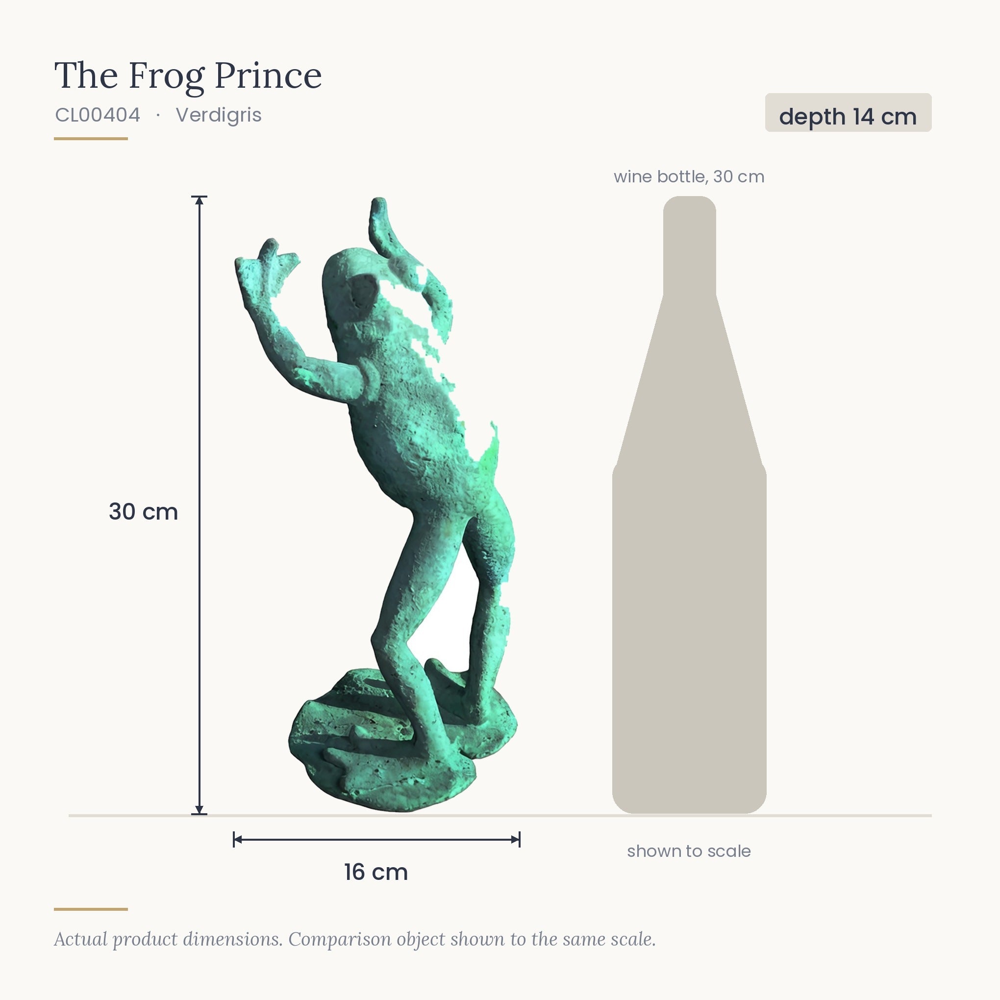 Size diagram for The Frog Prince Verdigris, 16 x 14 x 30 cm, shown to scale