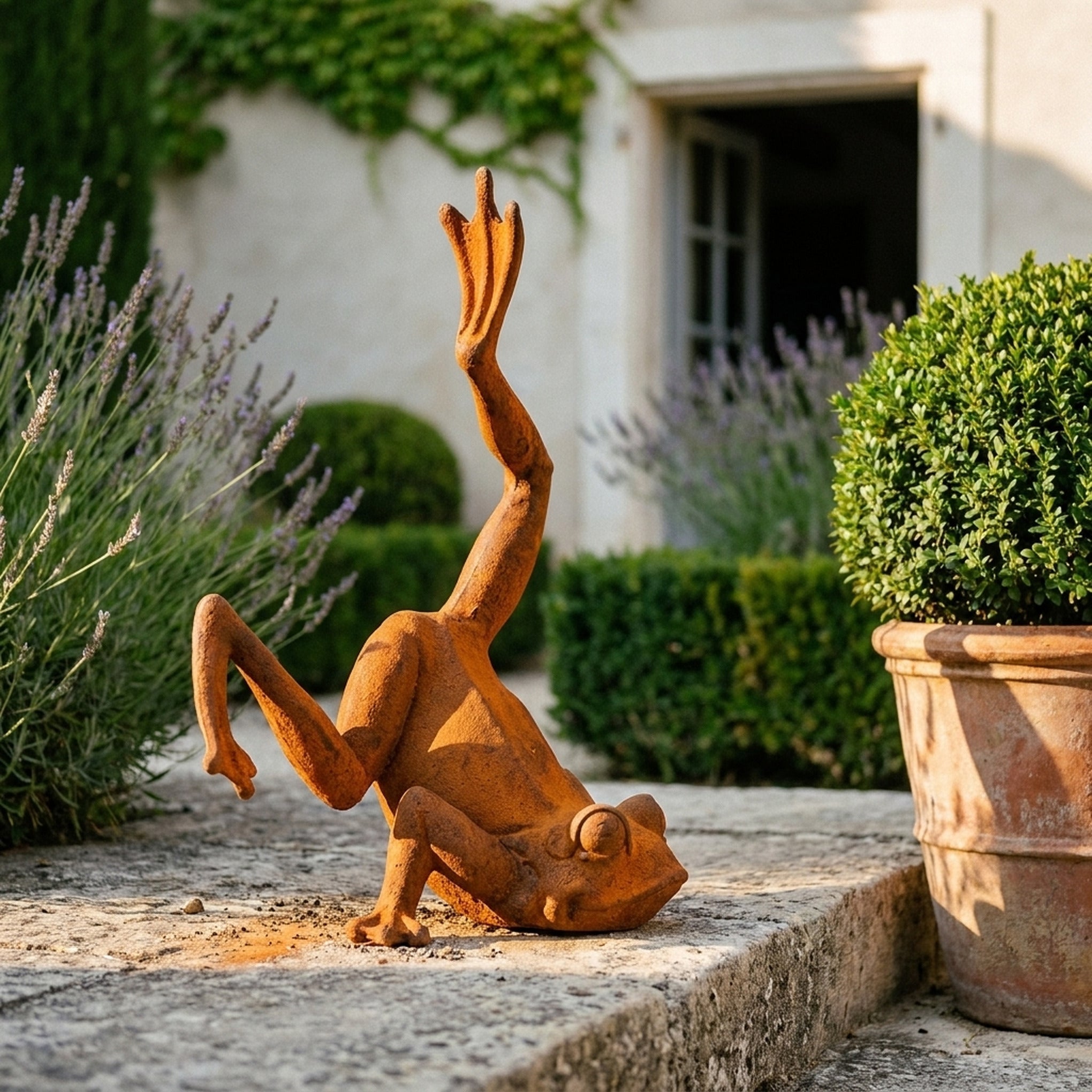 Major Ribbit rust cast iron frog statue doing a handstand with one leg raised, beside a terracotta pot