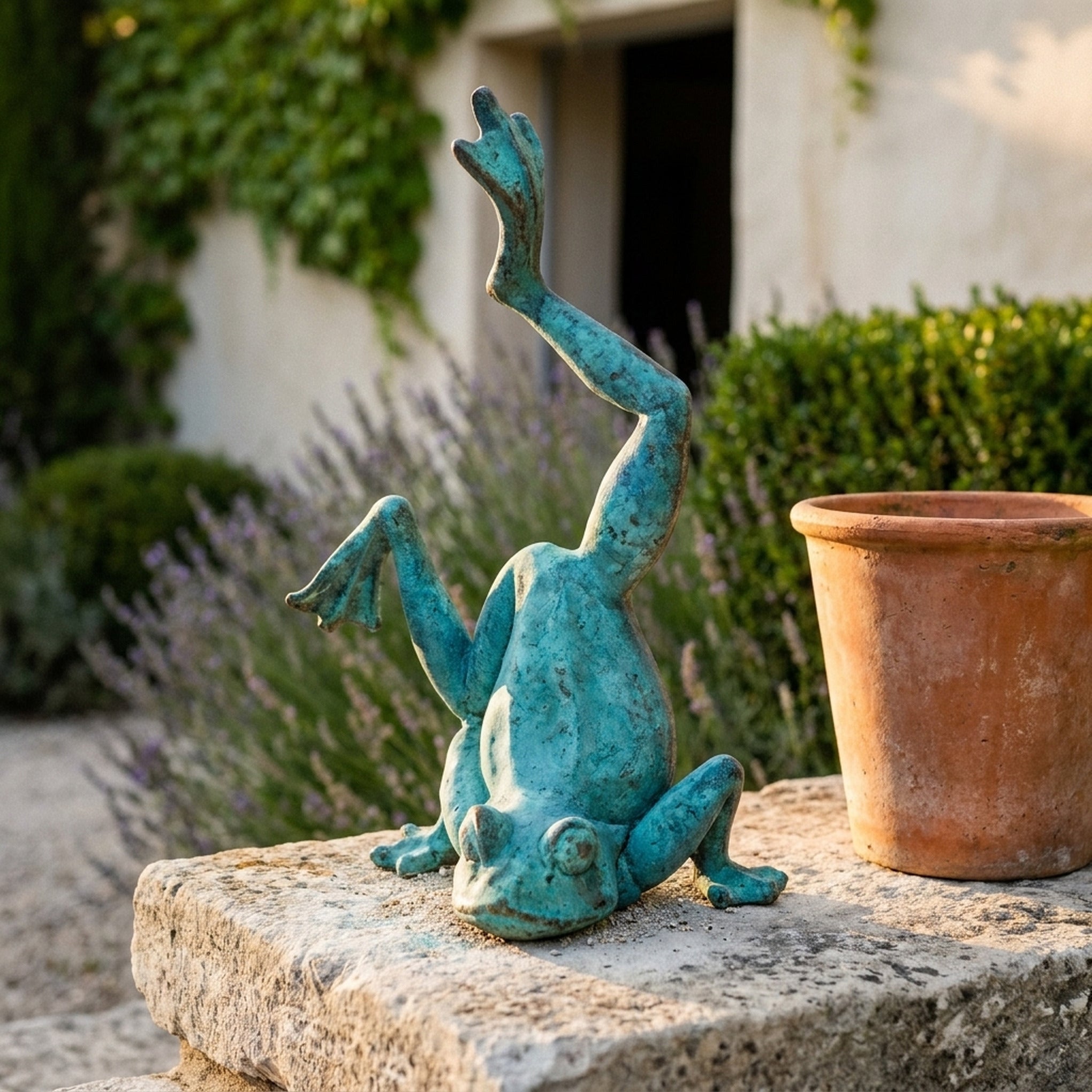 Major Ribbit Verdigris handstand frog statue front view showing the full height and finish