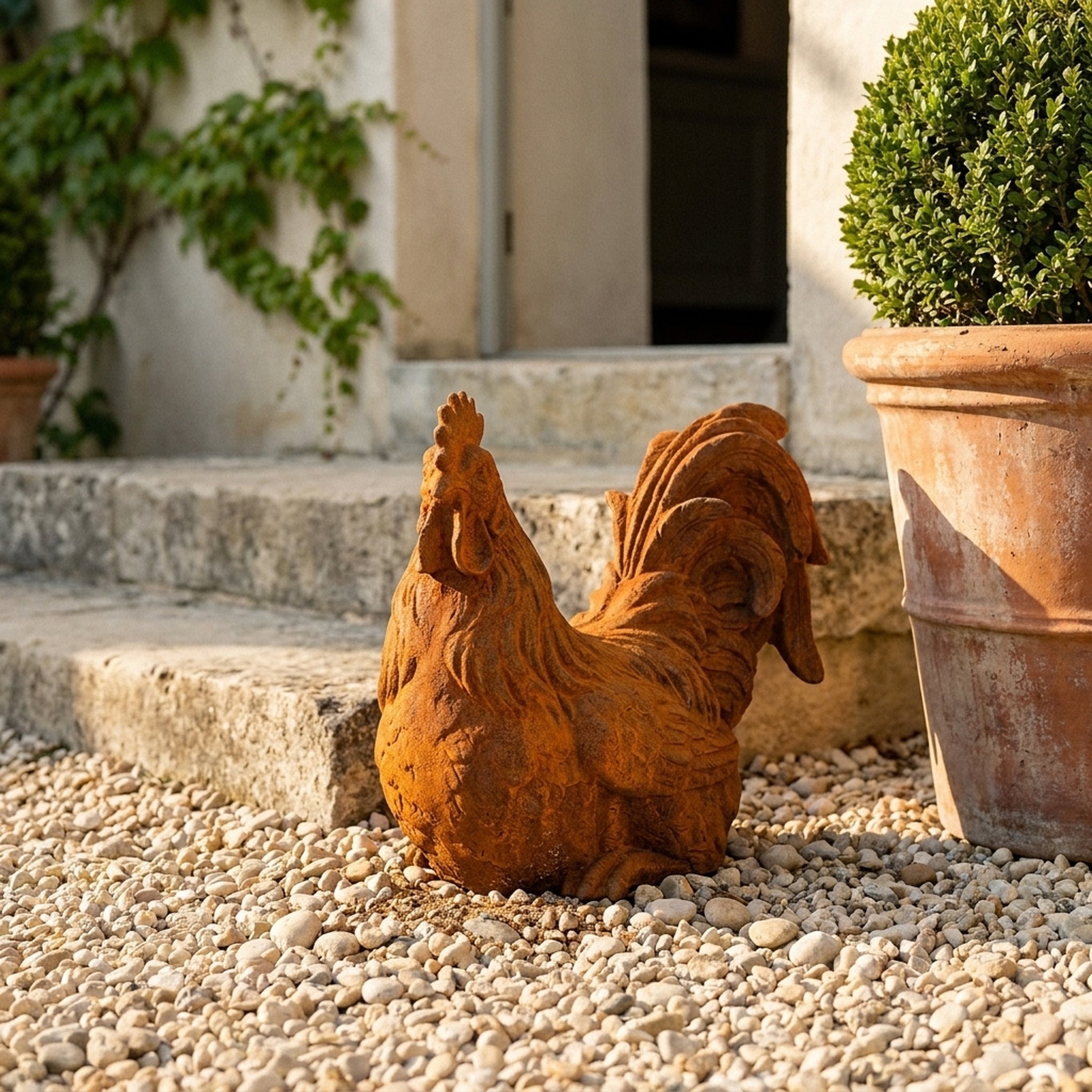 Dame Henrietta nesting hen statue front view showing the full height and finish