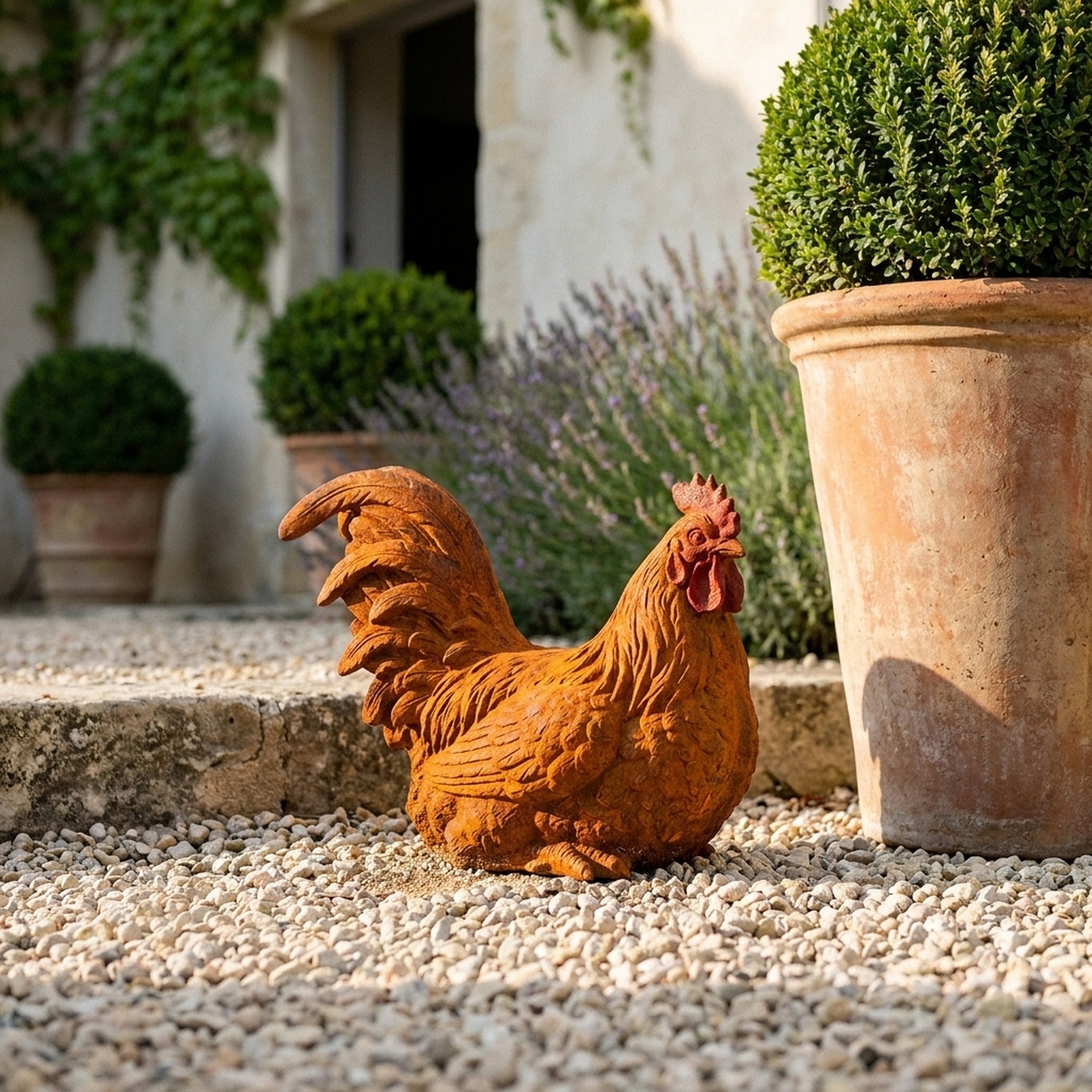 Dame Henrietta nesting hen statue three quarter view in a provencal courtyard