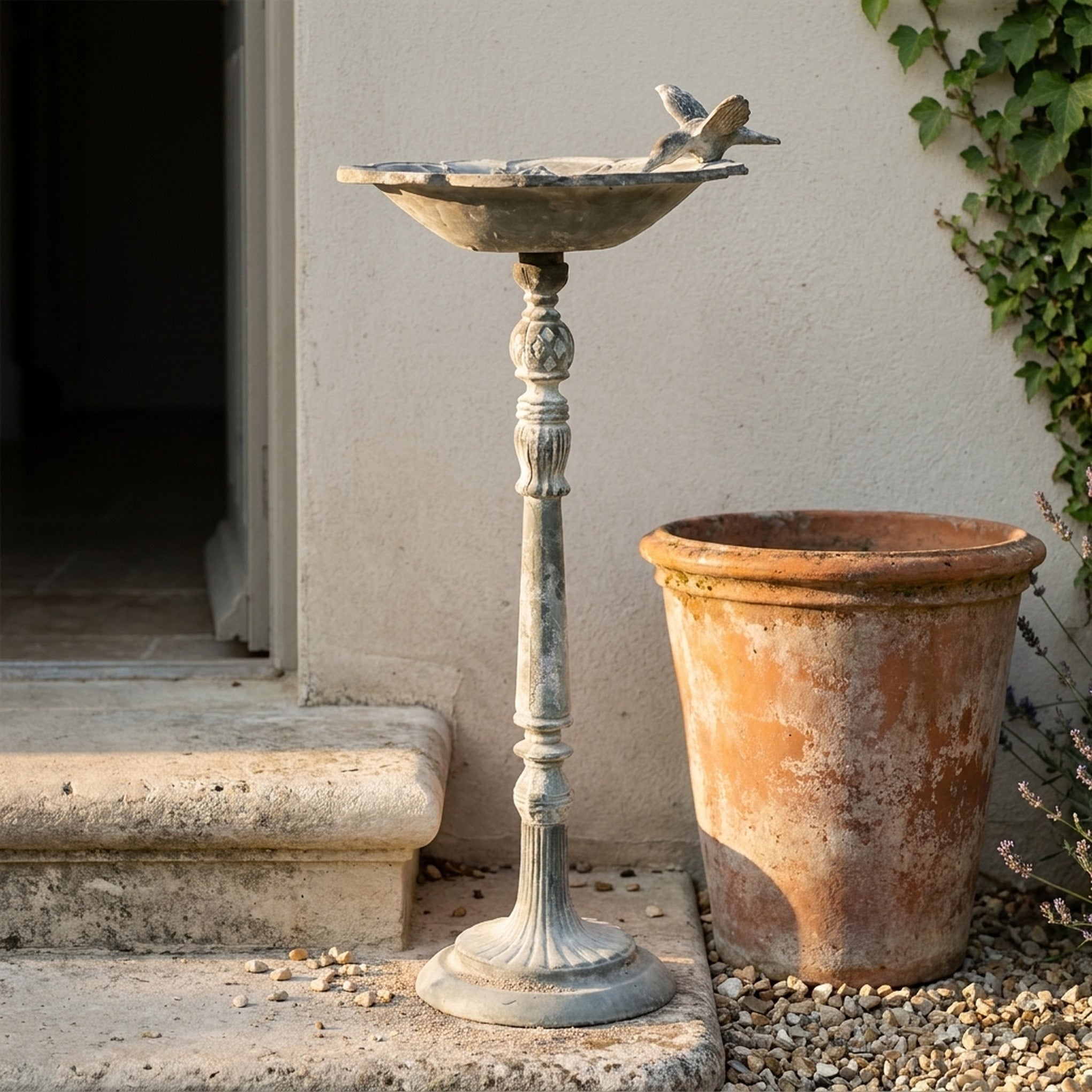 The Willowmere in weathered grey cast iron, a pedestal bird bath with a bird on the rim, on gravel in a courtyard