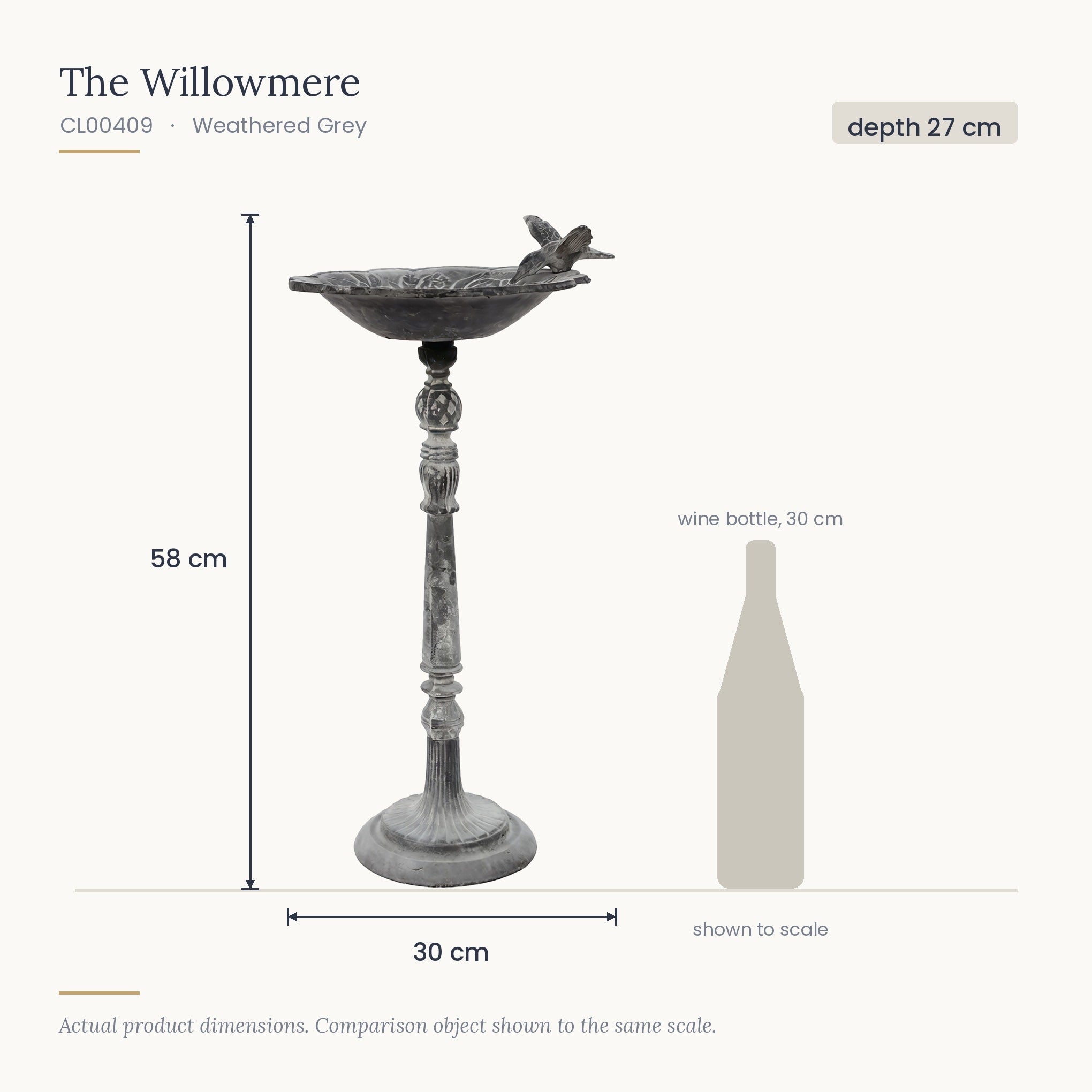Size diagram for The Willowmere Grey, 30 x 27 x 58 cm, shown to scale