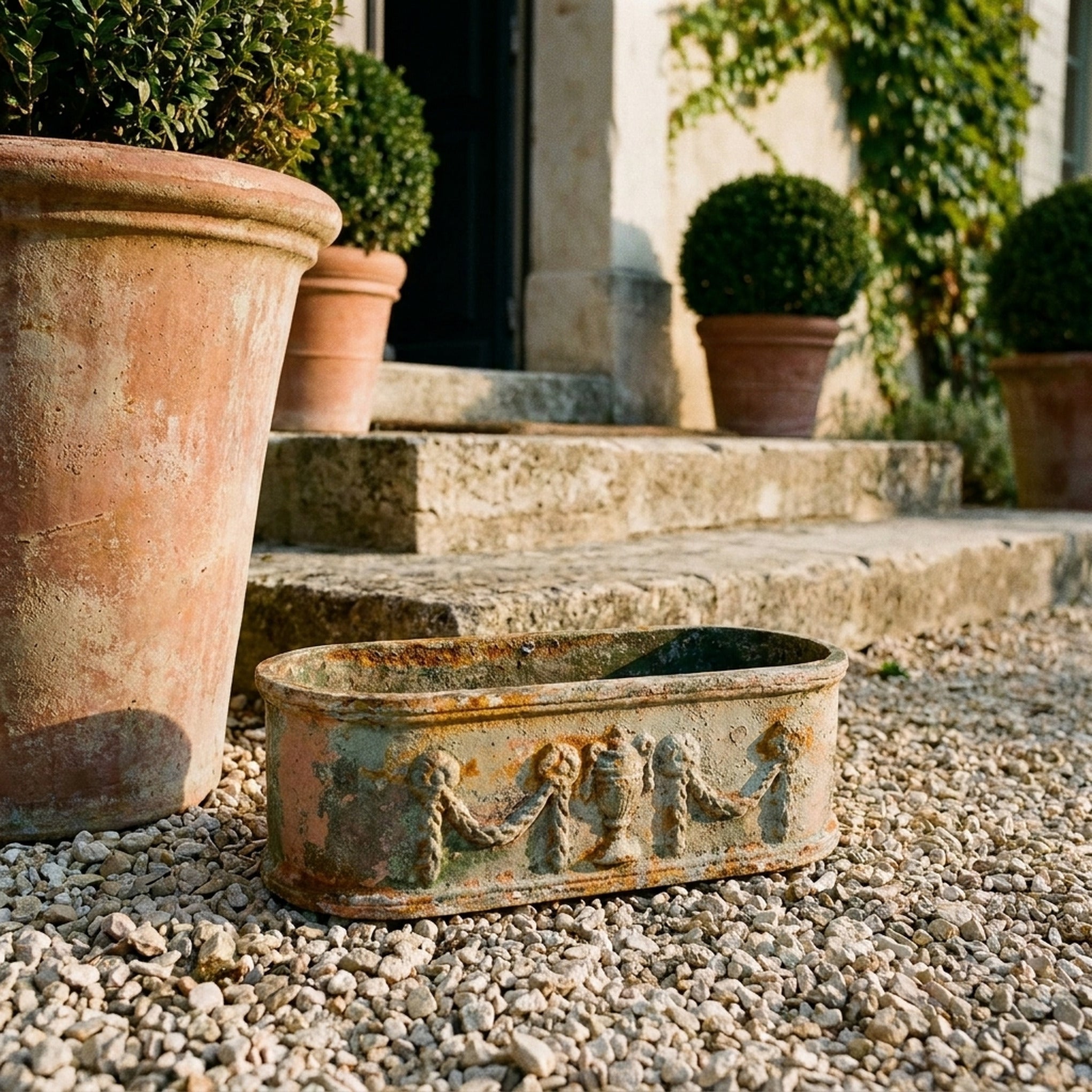 The Heritage Planter Antique cast iron trough planter front view showing the full length and finish