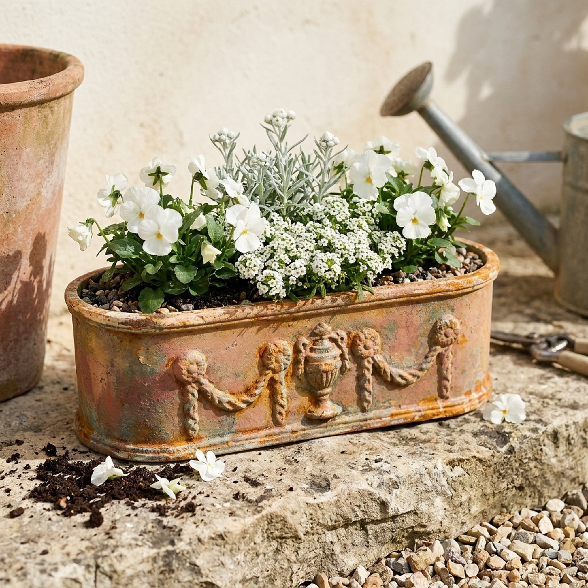 The Heritage Planter in weathered antique bronze planted with white violas and alyssum, side on along a limestone ledge