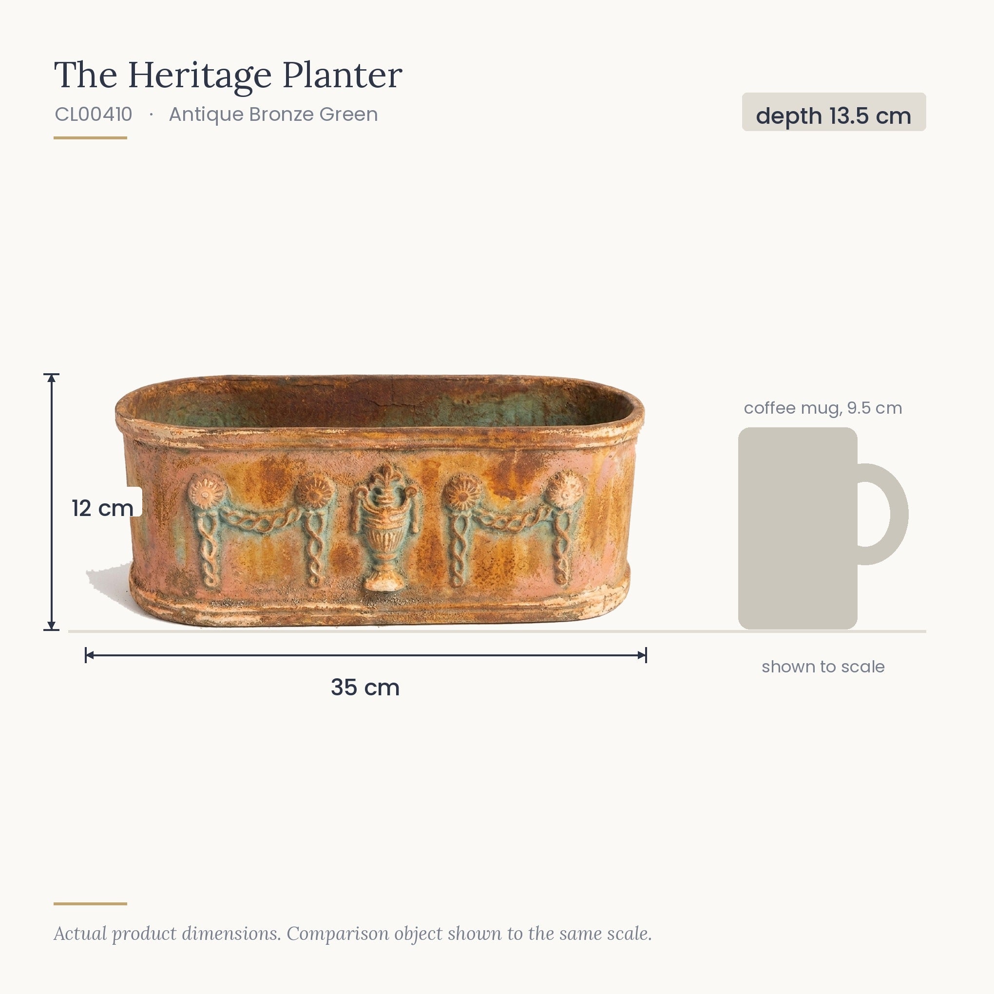 Size diagram for The Heritage Planter Antique, 35 x 13.5 x 12 cm, shown to scale