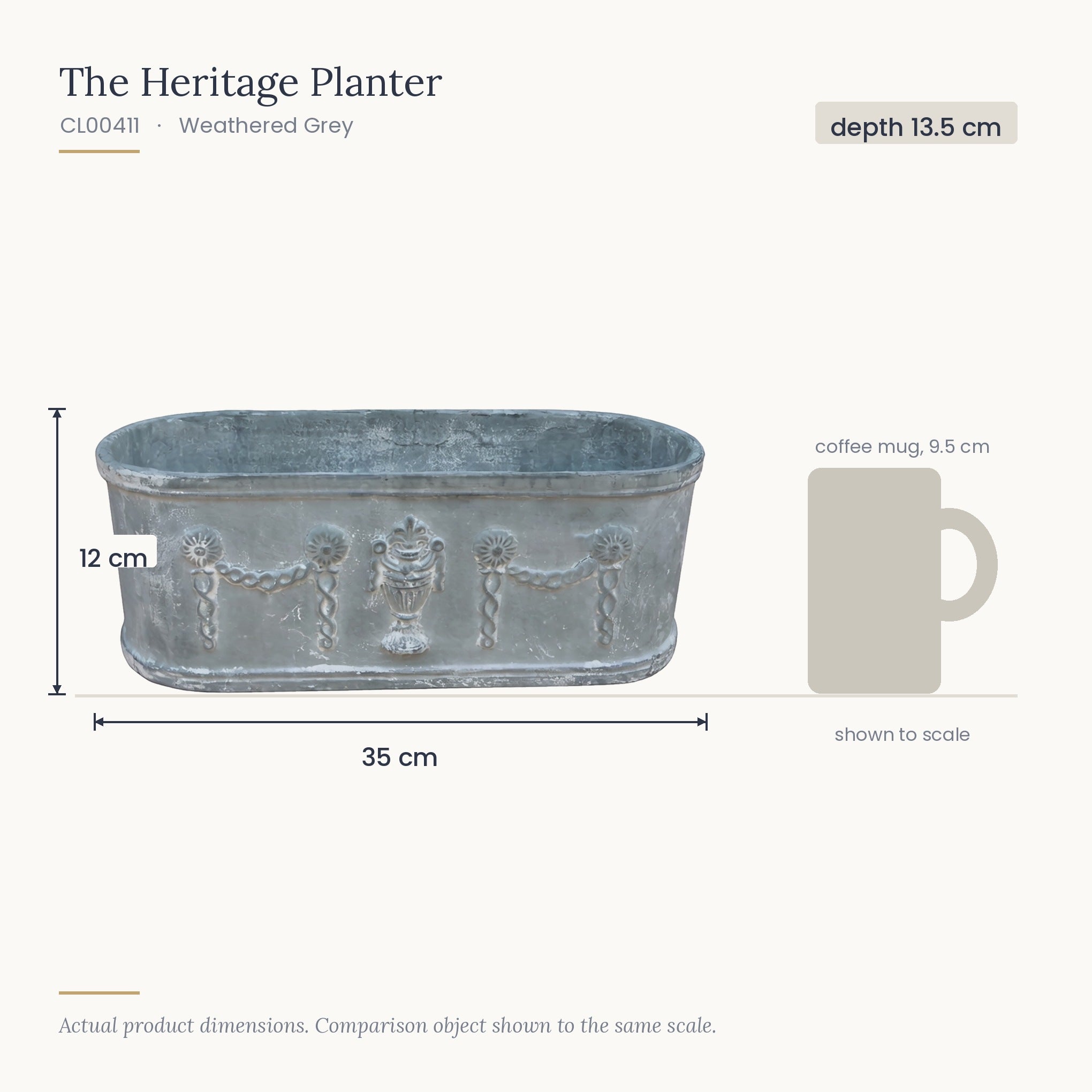 Size diagram for The Heritage Planter Grey, 35 x 13.5 x 12 cm, shown to scale