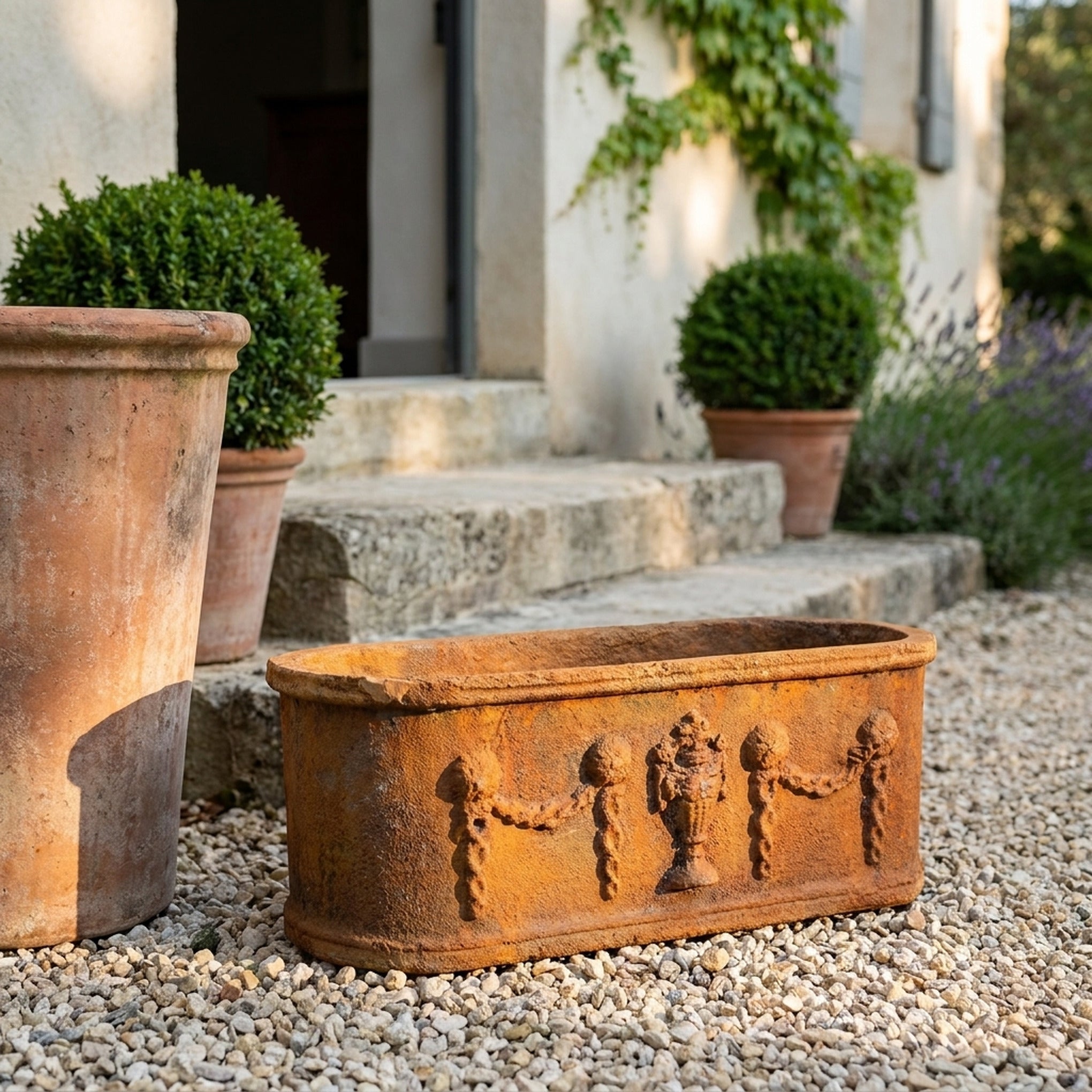 The Heritage Planter Rustic cast iron trough planter three quarter view in a provencal courtyard