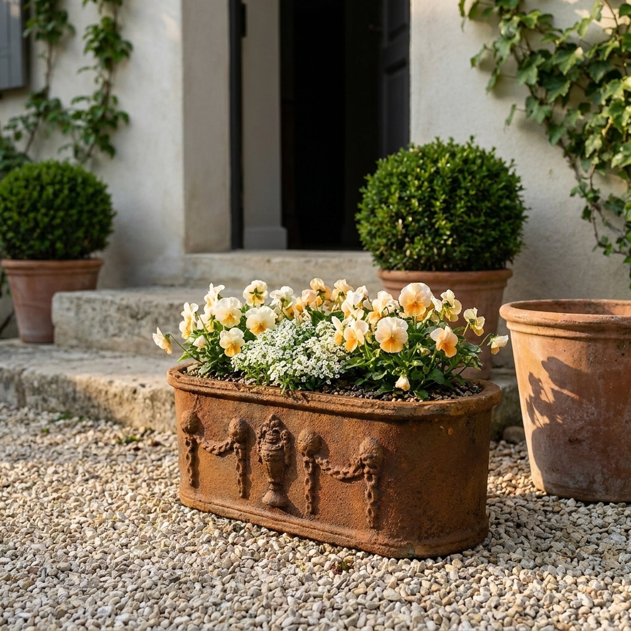 The Heritage Planter in rustic brown cast iron planted with cream and apricot violas and white alyssum, on gravel in a provencal courtyard