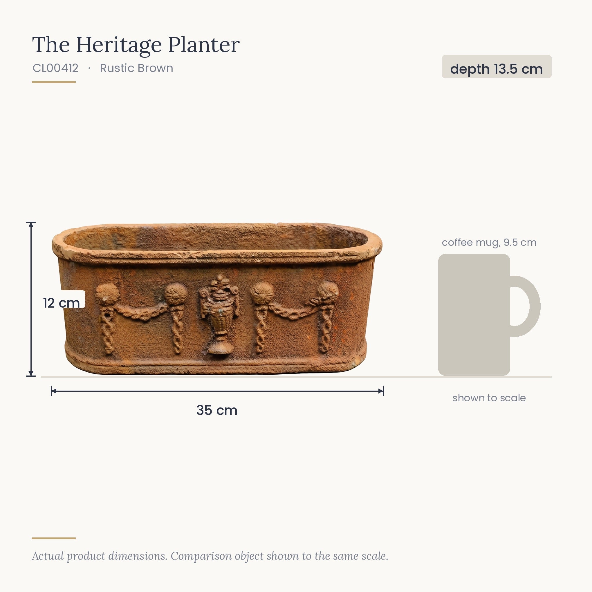 Size diagram for The Heritage Planter Rustic, 35 x 13.5 x 12 cm, shown to scale