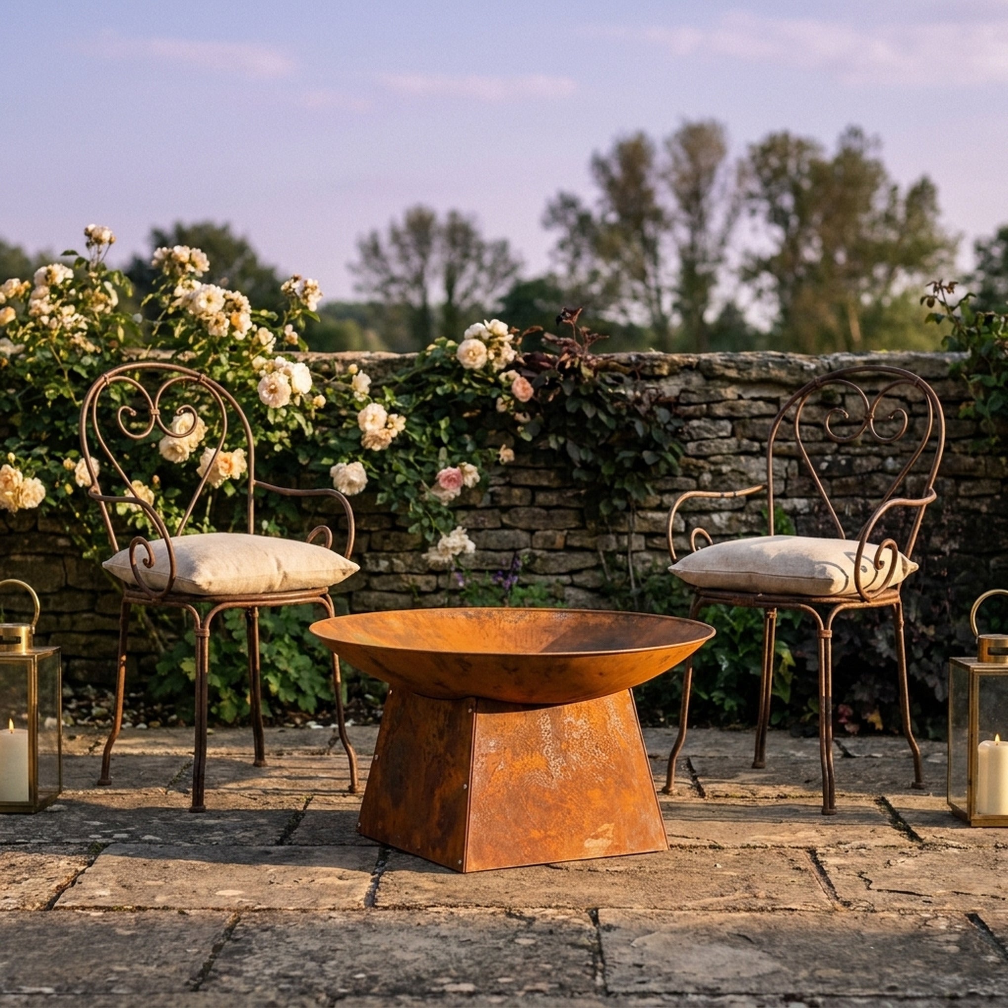 The Ashwood Fire Pit three quarter view showing the bowl and the tapered riveted plinth