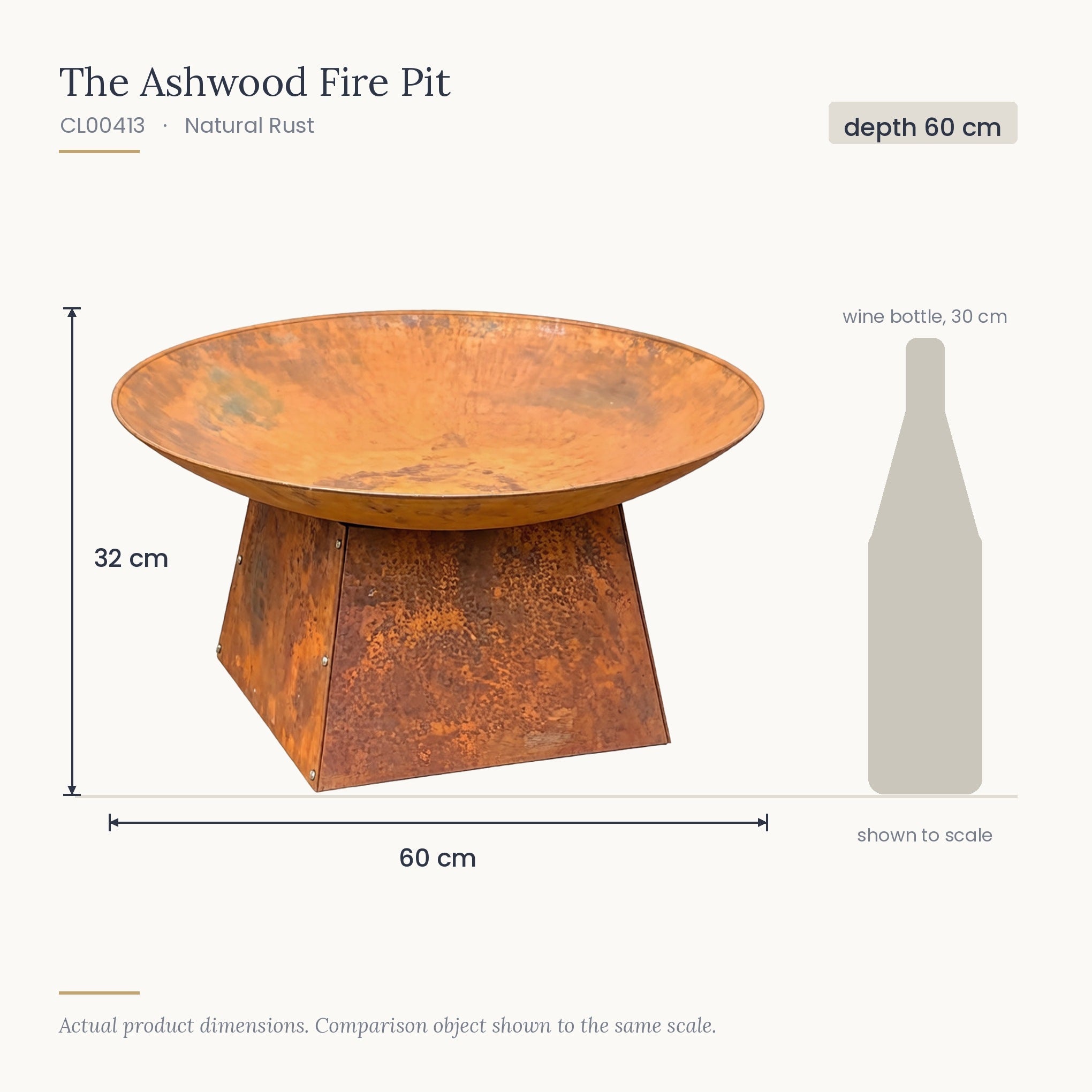 Size diagram for The Ashwood Fire Pit, 60 cm diameter and 32 cm high, shown to scale beside a 30 cm wine bottle
