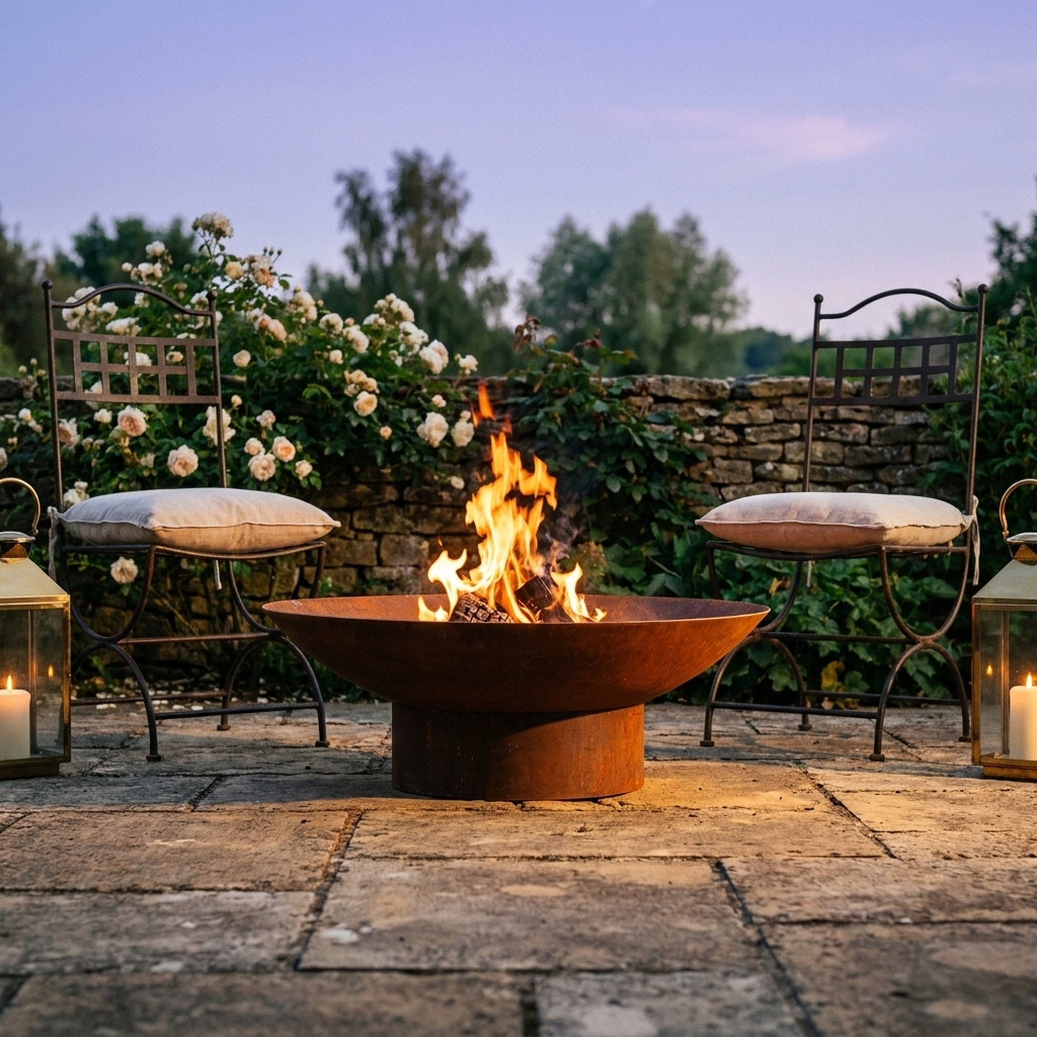 The Elmwood Fire Pit lit at dusk on a flagstone terrace, wrought iron chairs and lanterns around it