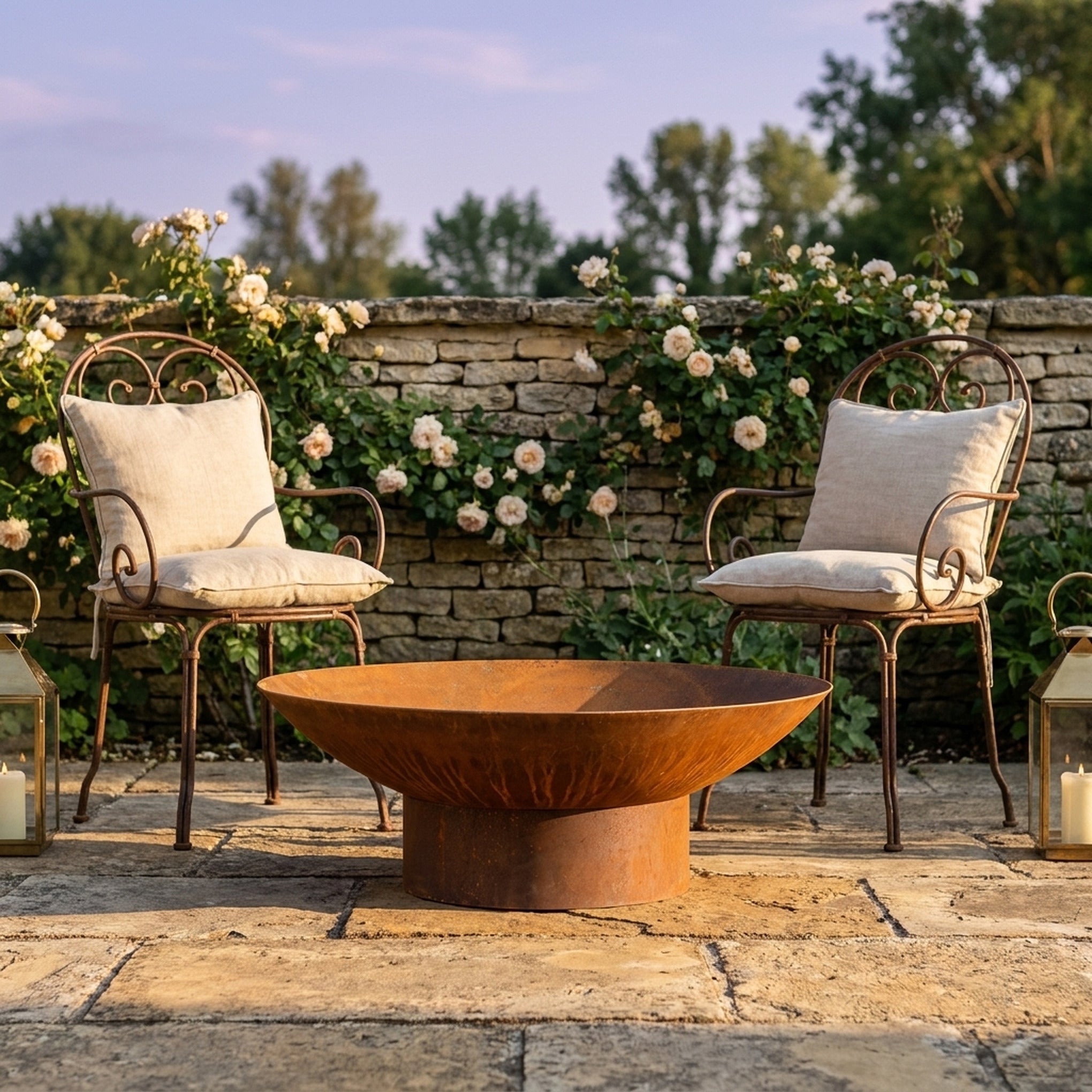 The Elmwood Fire Pit on the terrace showing the full 80 cm span against the garden chairs
