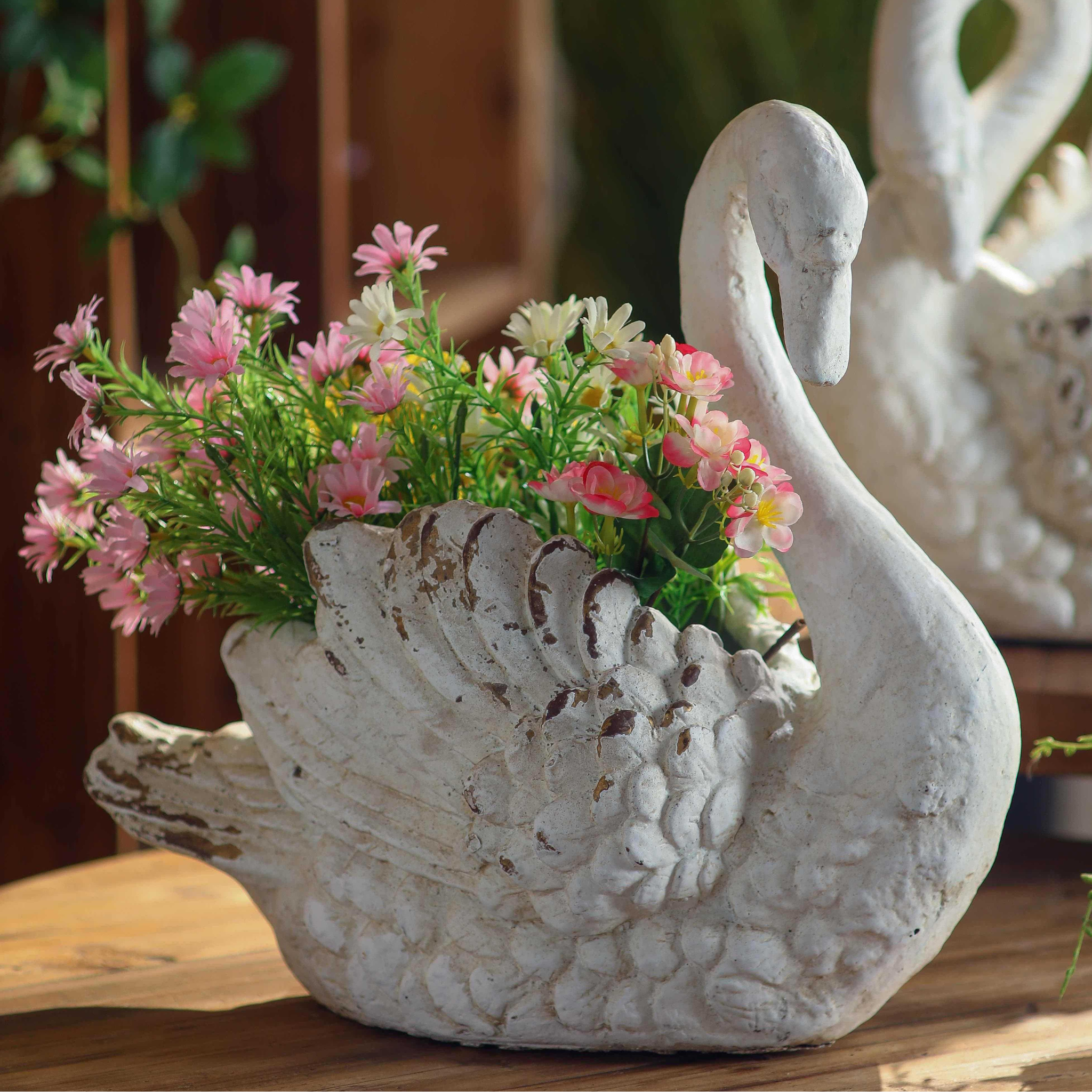 French Provincial swan planter Genevieve in distressed antique white magnesia composite, 41cm
