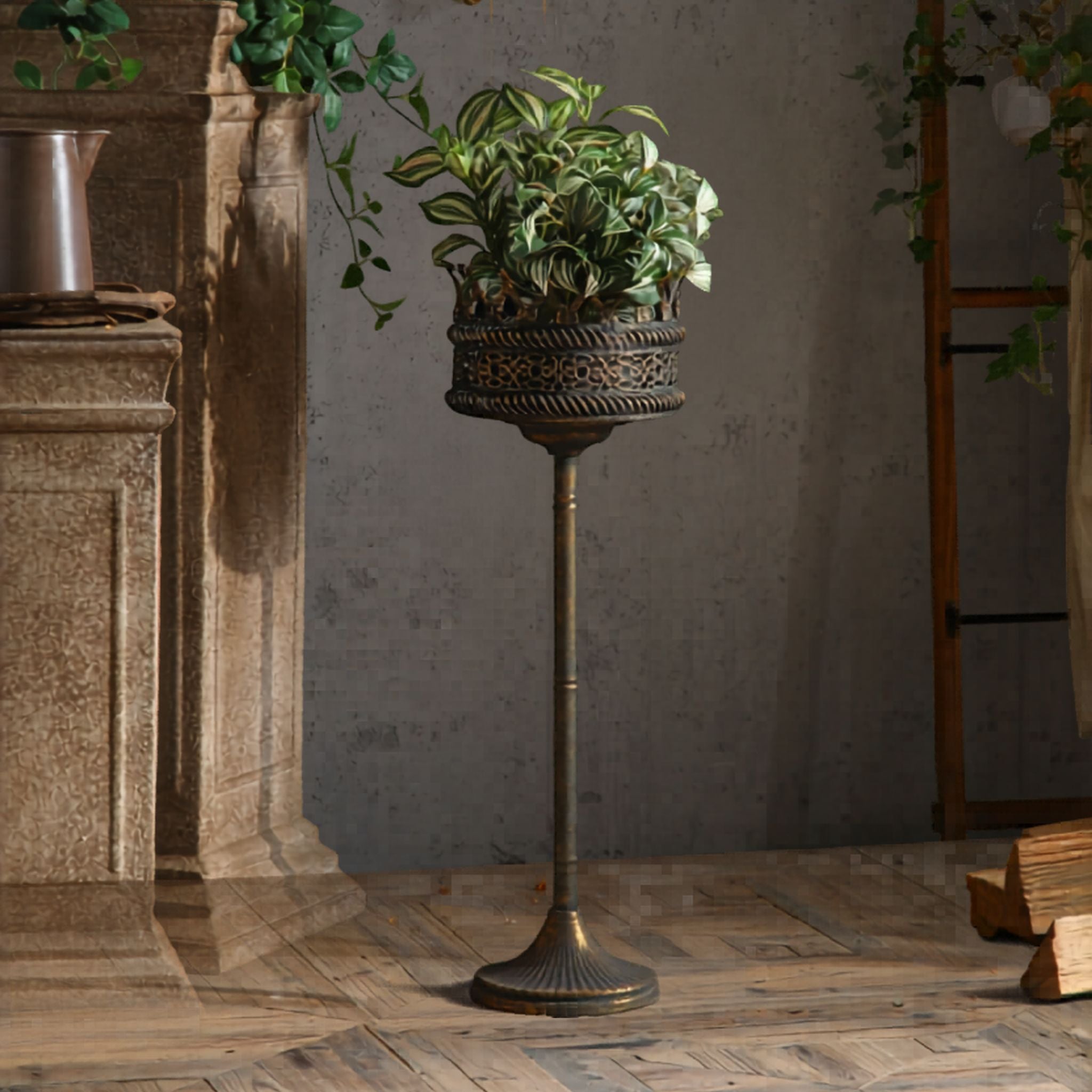 Harmony Crown Pedestal Planter Stand, Aged Metal French Provincial Plant Stand 80cm
